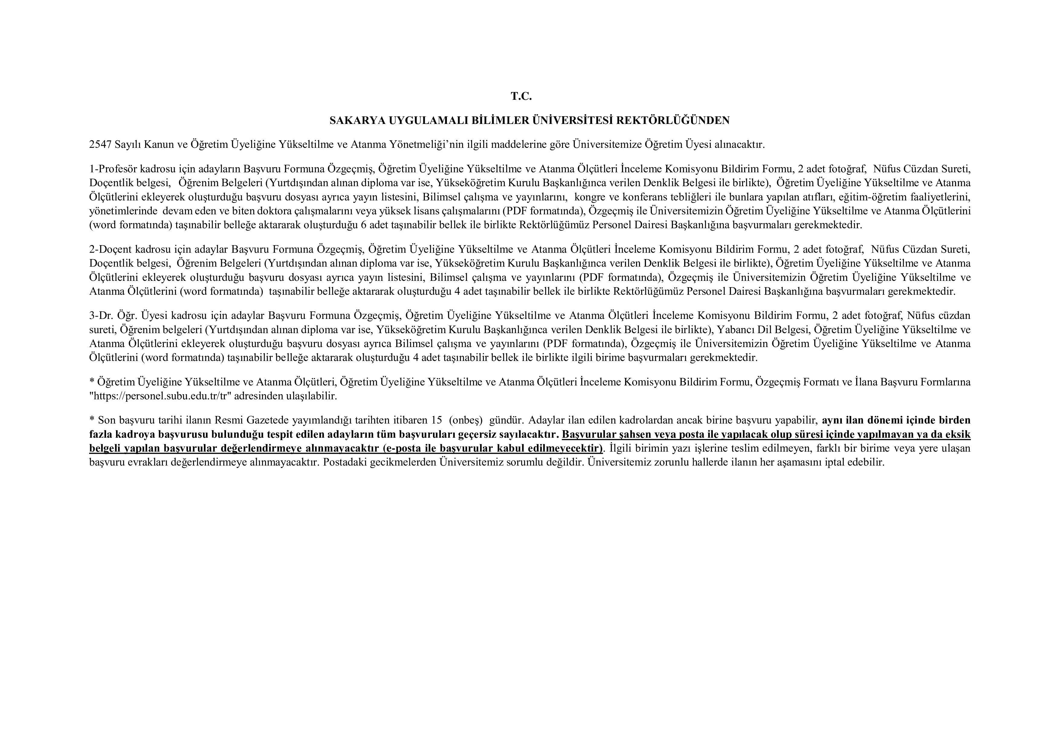 SAKARYA UYGULAMALI BİLİMLER ÜNİVERSİTESİ 24 ÖĞRETİM ÜYESİ ALACAK ( 17 Aralık - 31 Aralık) İlan İçeriği Sayfa 1