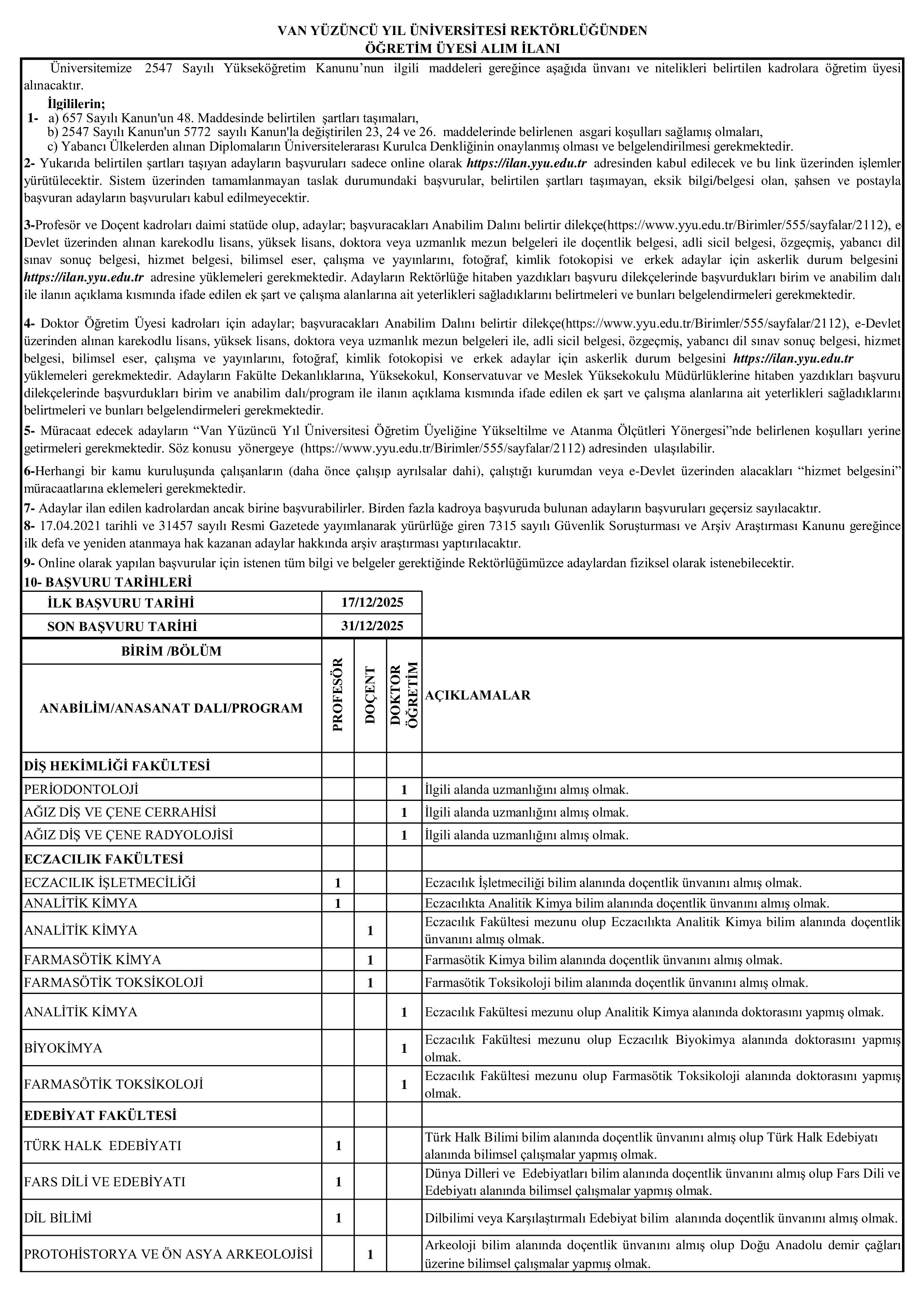 VAN YÜZÜNCÜ YIL ÜNİVERSİTESİ 172 ÖĞRETİM ÜYESİ ALACAK ( 17 Aralık - 31 Aralık) İlan İçeriği Sayfa 1