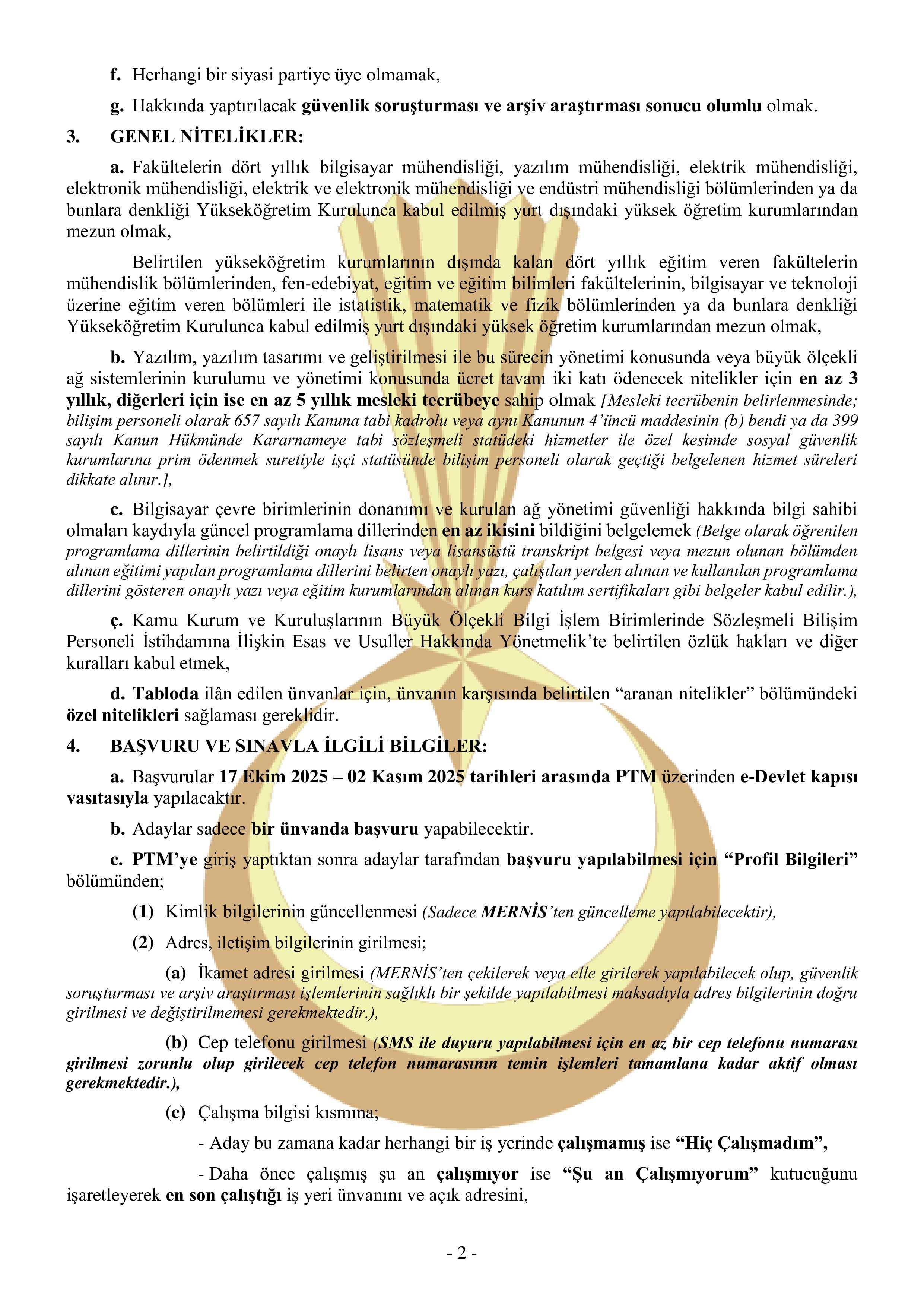 JANDARMA GENEL KOMUTANLIĞI 11  SÖZLEŞMELİ BİLİŞİM PERSONELİ TEMİN EDECEKTİR ( 17 Ekim - 2 Kasım) İlan İçeriği Sayfa 2