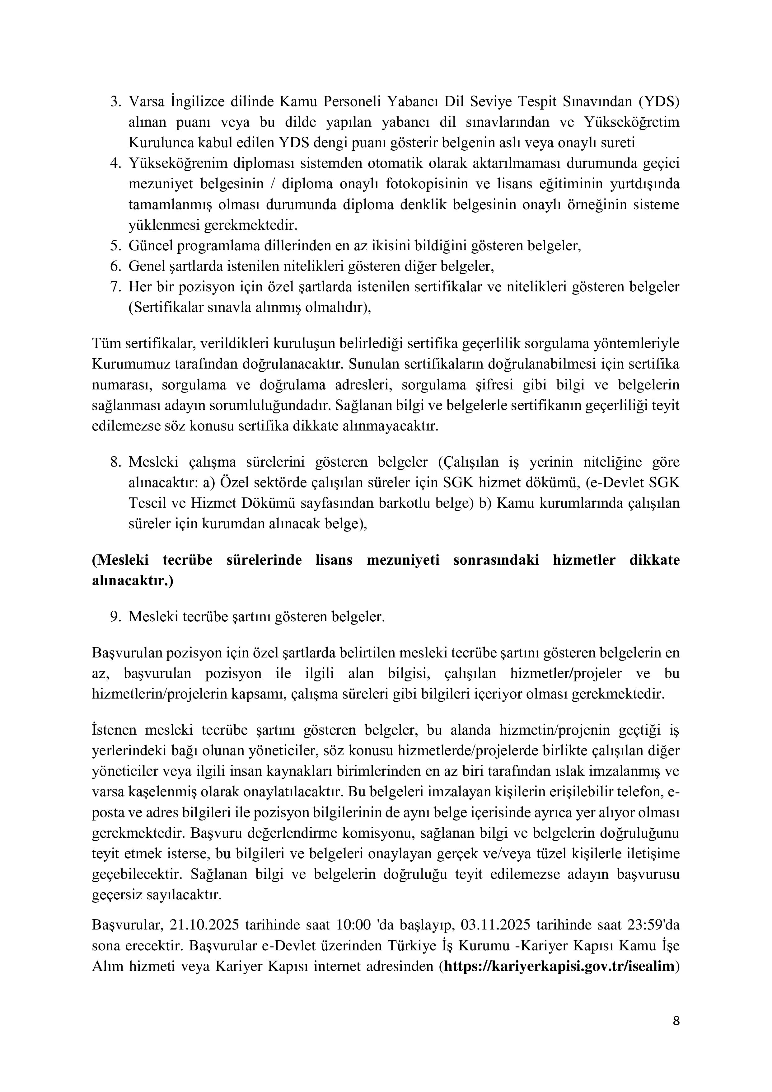 TÜRKİYE İŞ KURUMU GENEL MÜDÜRLÜĞÜ 8  ADET BİLİŞİM PERSONELİ  ( 21 Ekim - 3 Kasım) İlan İçeriği Sayfa 8