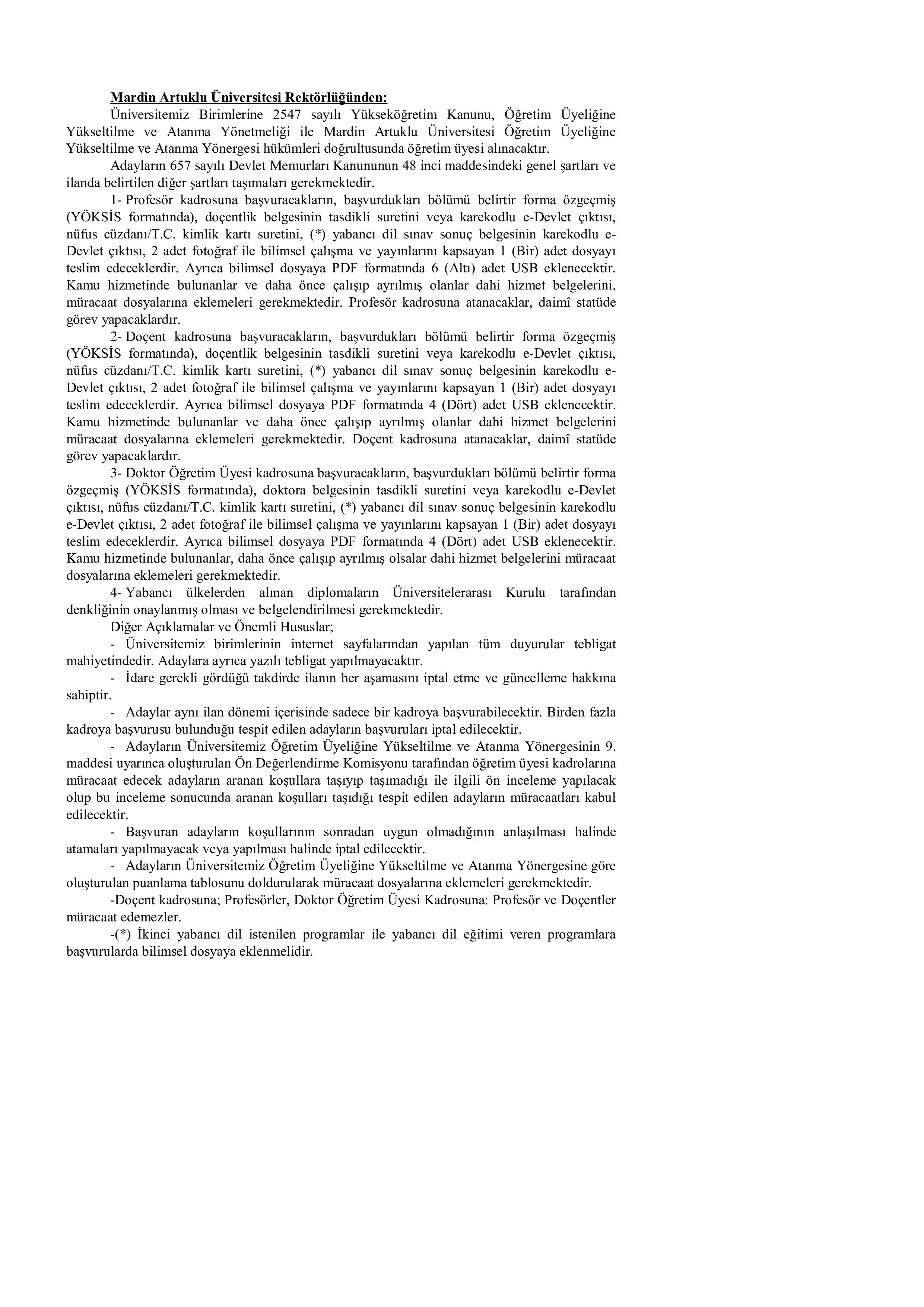 İlan İçeriği Sayfa 1 MARDİN ARTUKLU ÜNİVERSİTESİ 24 ÖĞRETİM ÜYESİ ALACAK ( 17 Haziran - 1 Temmuz) İlan İçeriği Sayfa 1