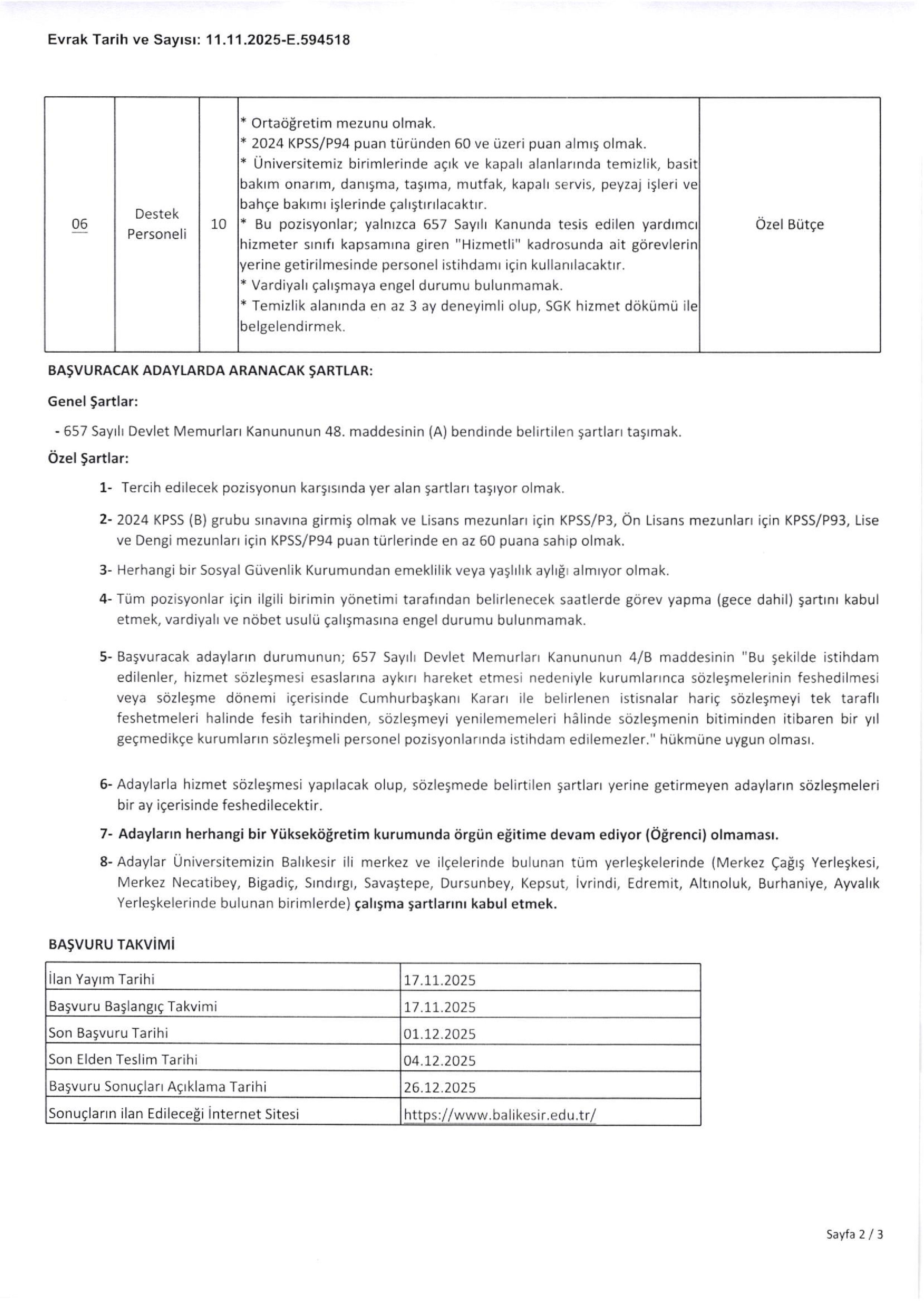 İlan İçeriği Sayfa 2 BALIKESİR ÜNİVERSİTESİ 25 SÖZLEŞMELİ PERSONEL ALACAK ( 17 Kasım - 1 Aralık) İlan İçeriği Sayfa 2