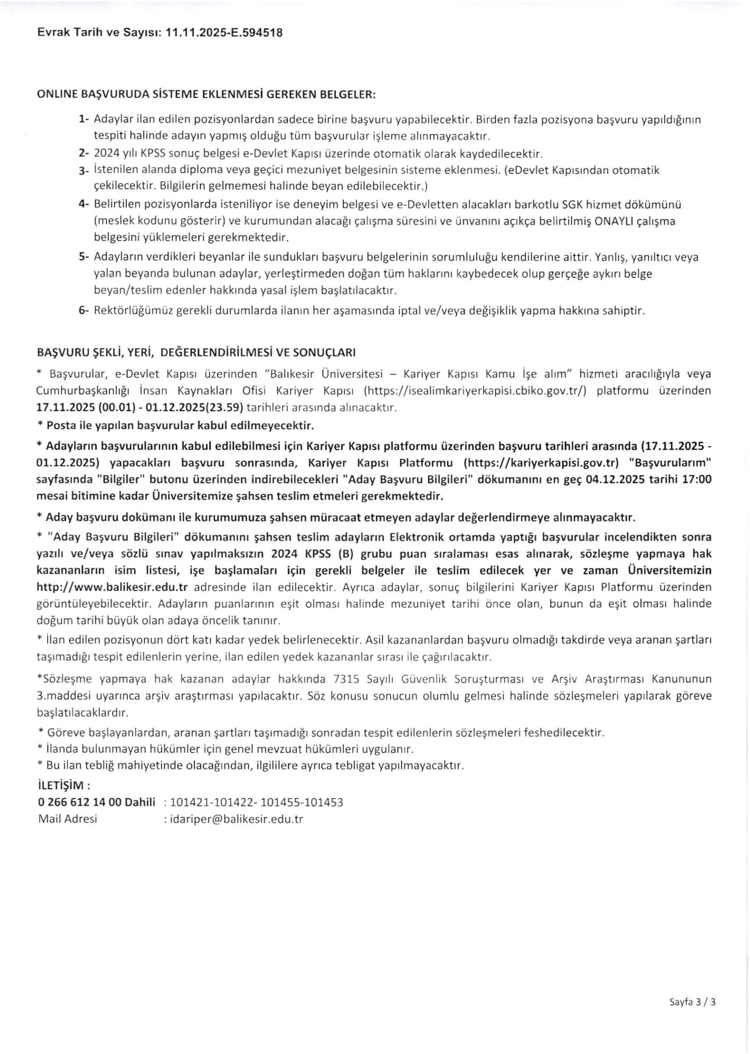 İlan İçeriği Sayfa 3 BALIKESİR ÜNİVERSİTESİ 25 SÖZLEŞMELİ PERSONEL ALACAK ( 17 Kasım - 1 Aralık) İlan İçeriği Sayfa 3