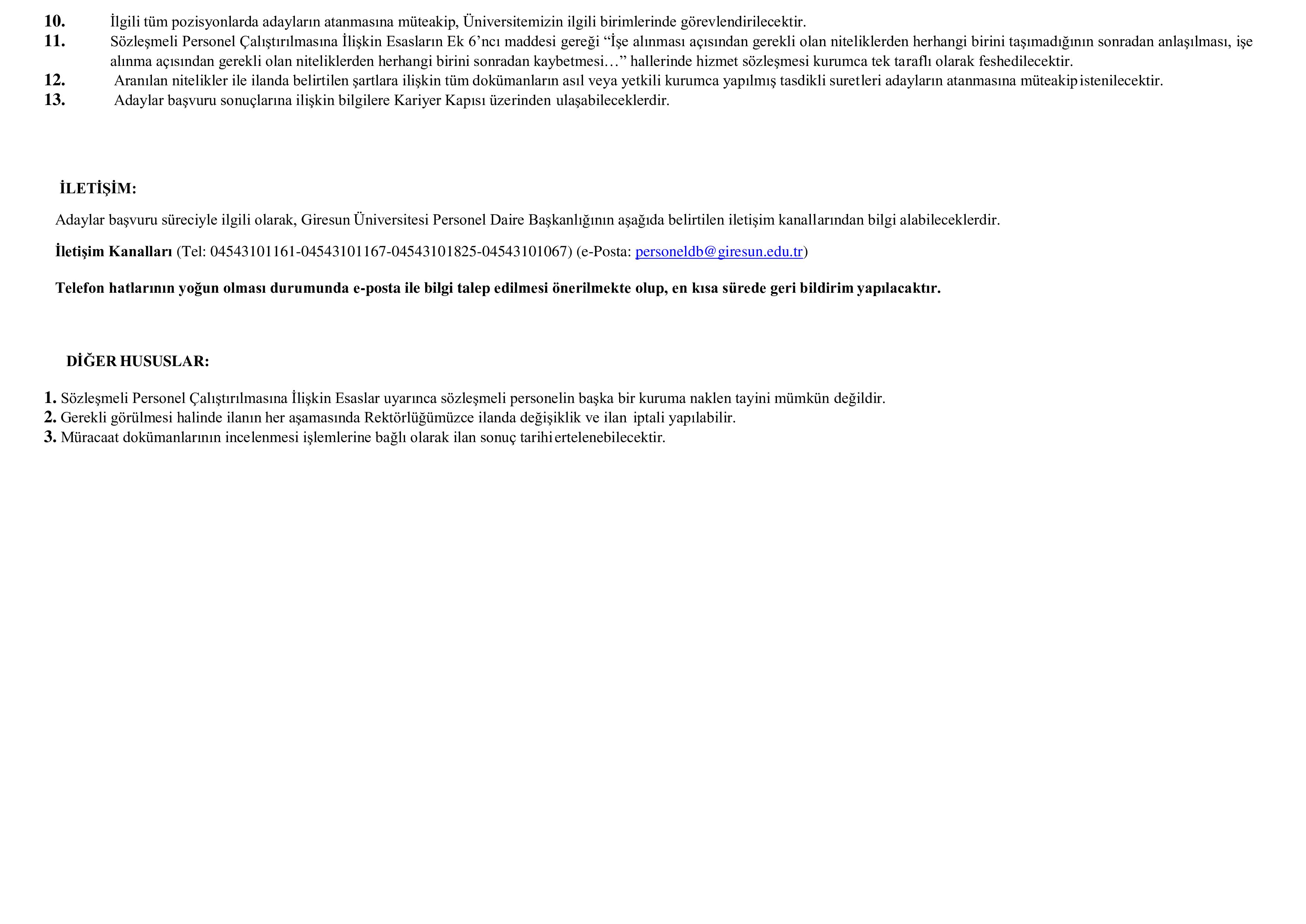 İlan İçeriği Sayfa 4 GİRESUN ÜNİVERSİTESİ 12 SÖZLEŞMELİ PERSONEL ALACAK ( 17 Kasım - 1 Aralık) İlan İçeriği Sayfa 4