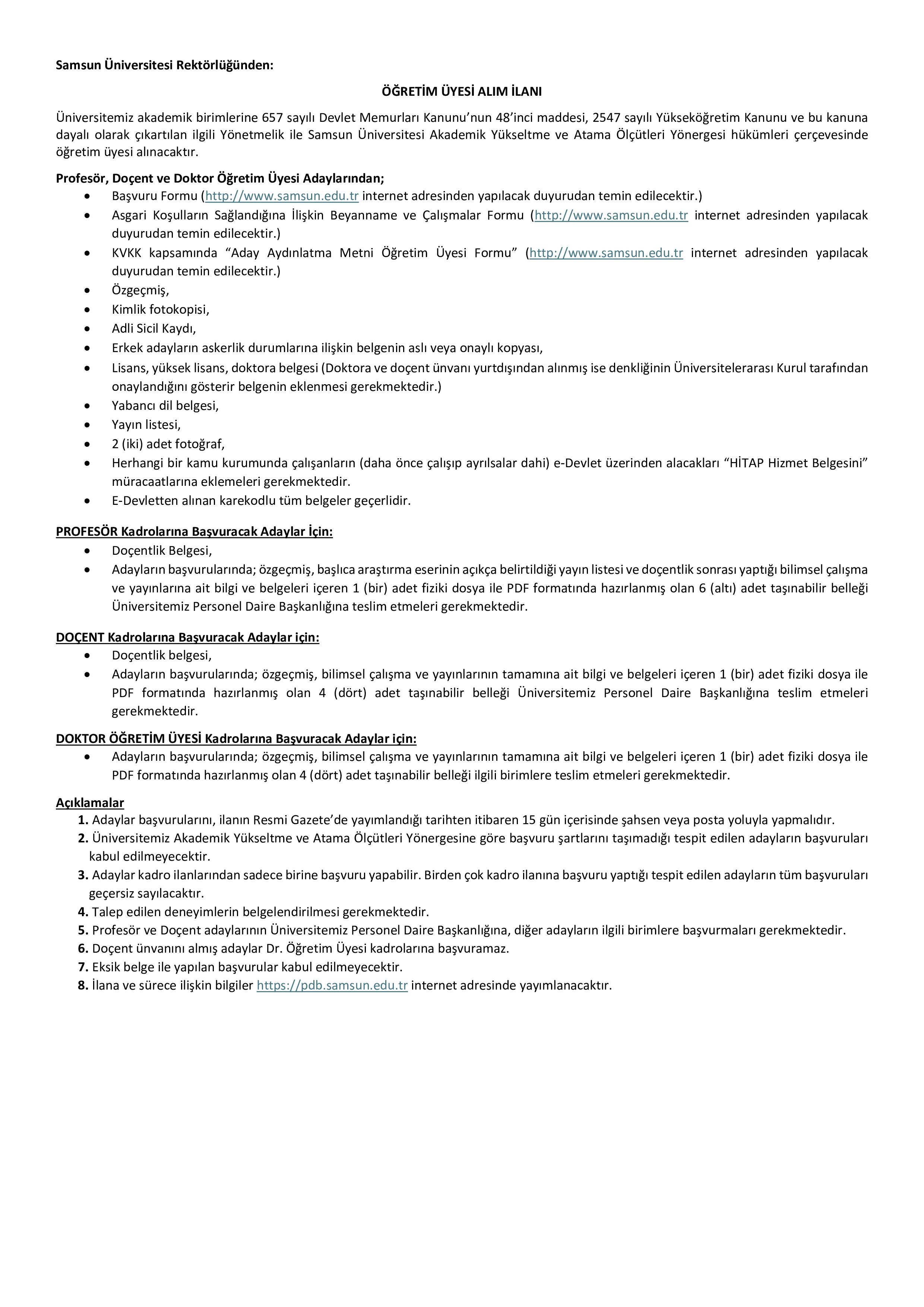 İlan İçeriği Sayfa 1 SAMSUN ÜNİVERSİTESİ 30 ÖĞRETİM ÜYESİ ALACAK ( 17 Kasım - 1 Aralık) İlan İçeriği Sayfa 1