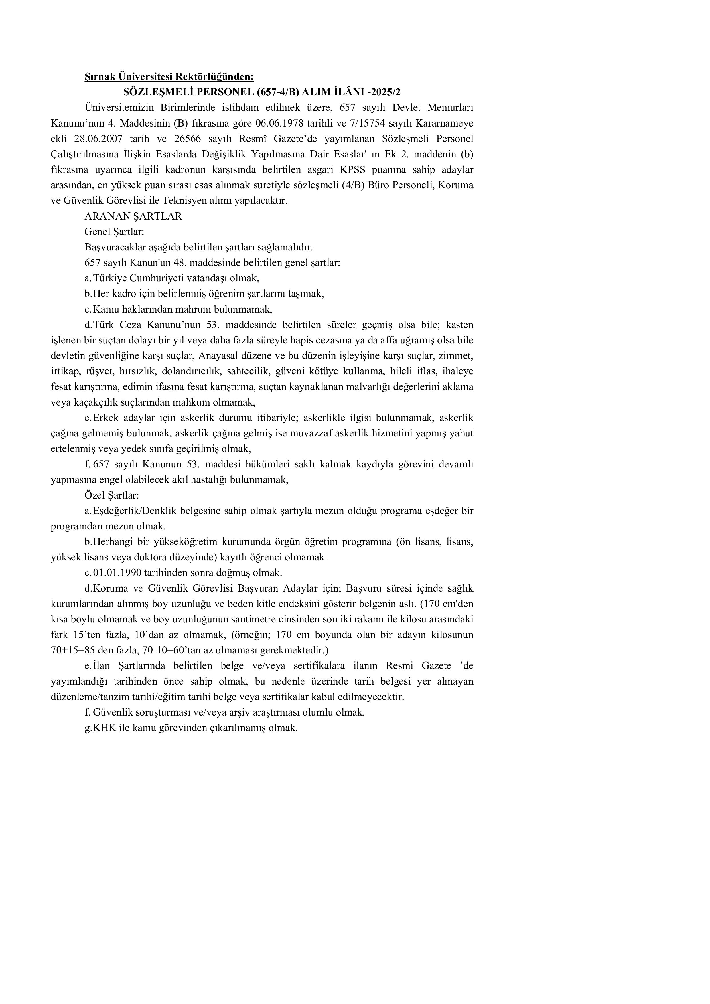 İlan İçeriği Sayfa 1 ŞIRNAK ÜNİVERSİTESİ 3 SÖZLEŞMELİ PERSONEL ALACAK ( 17 Kasım - 1 Aralık) İlan İçeriği Sayfa 1