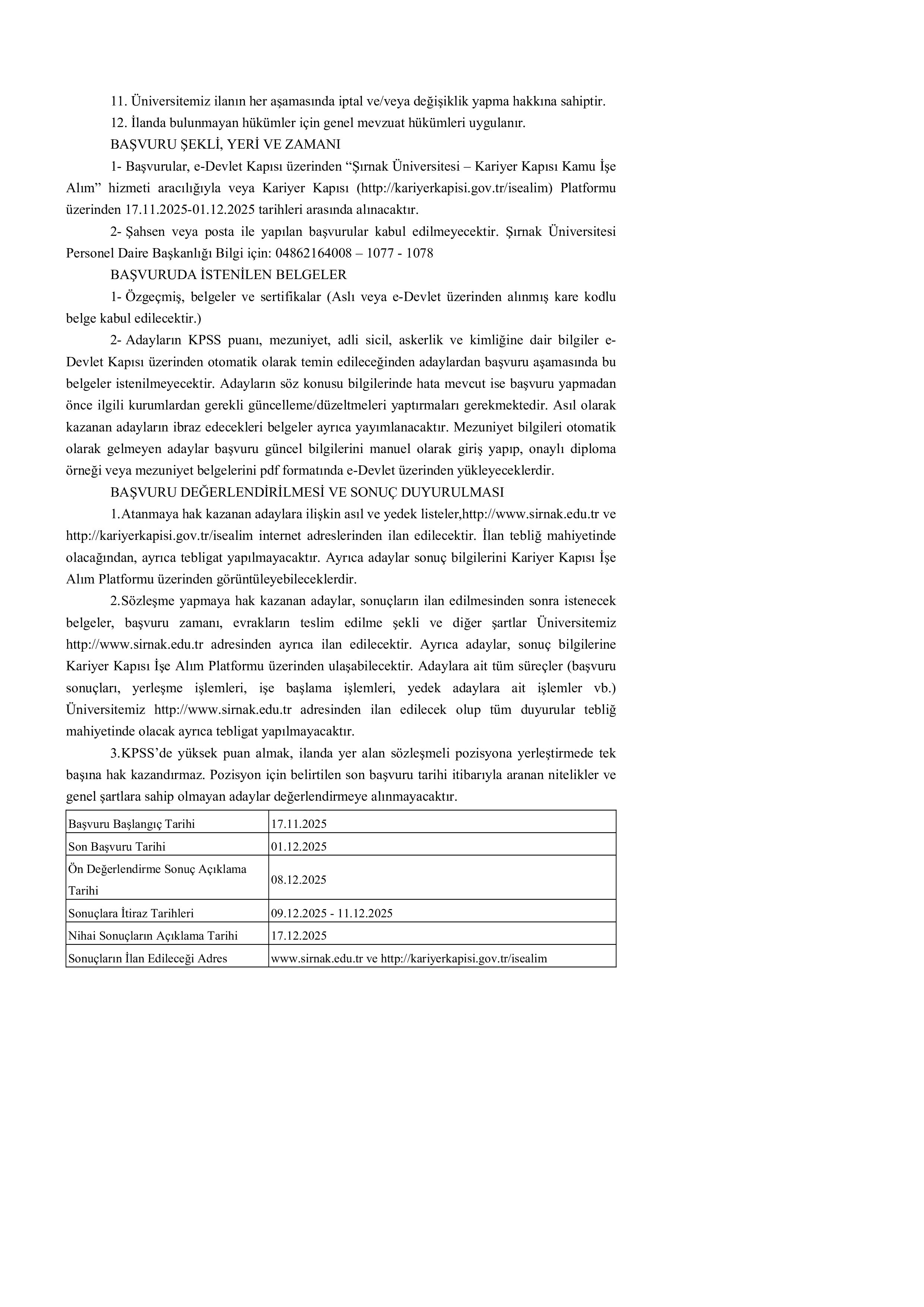 İlan İçeriği Sayfa 3 ŞIRNAK ÜNİVERSİTESİ 3 SÖZLEŞMELİ PERSONEL ALACAK ( 17 Kasım - 1 Aralık) İlan İçeriği Sayfa 3