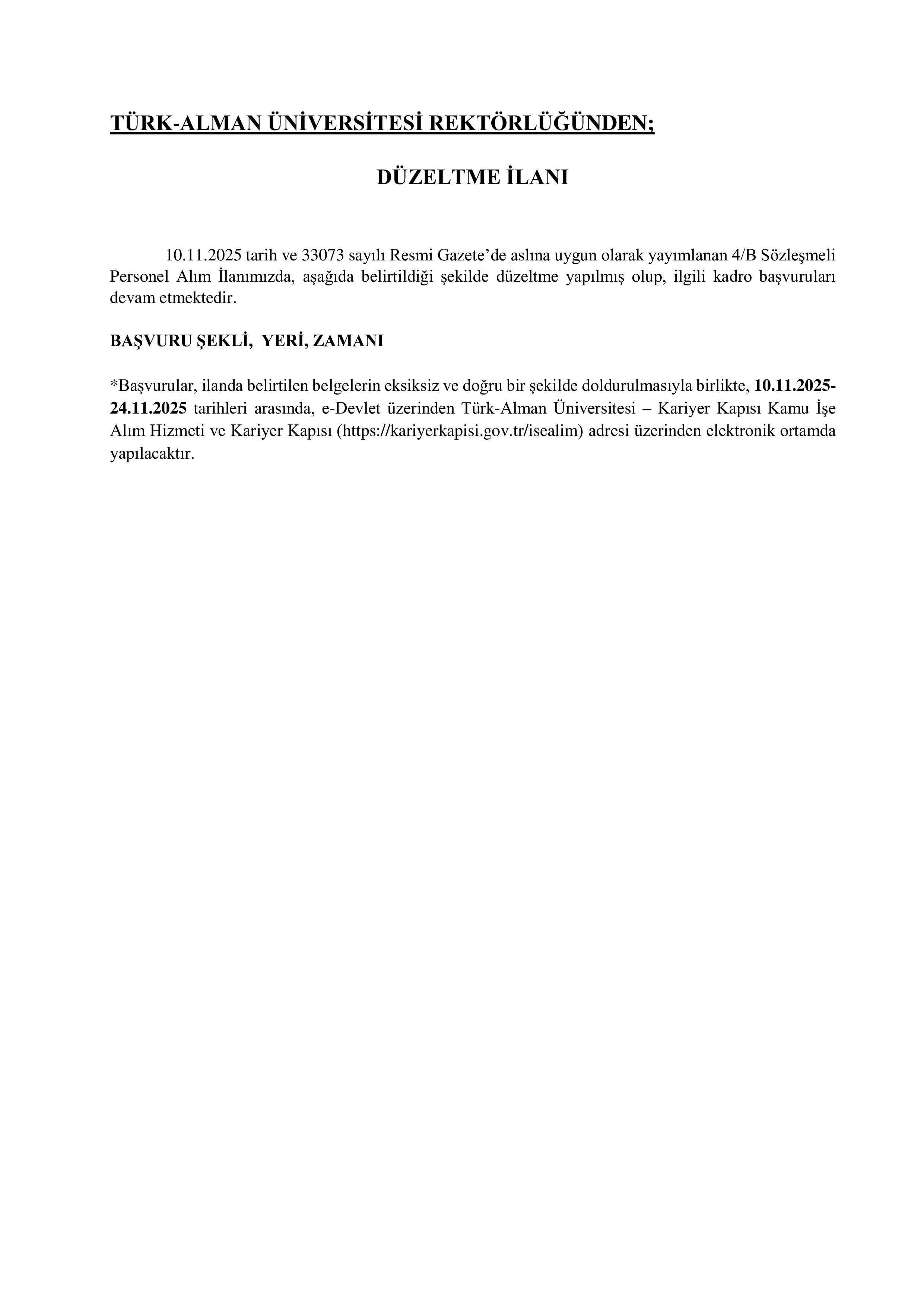 TÜRK-ALMAN ÜNİVERSİTESİ DÜZELTME İLANI ( 17 Kasım - 24 Kasım) İlan İçeriği Sayfa 1