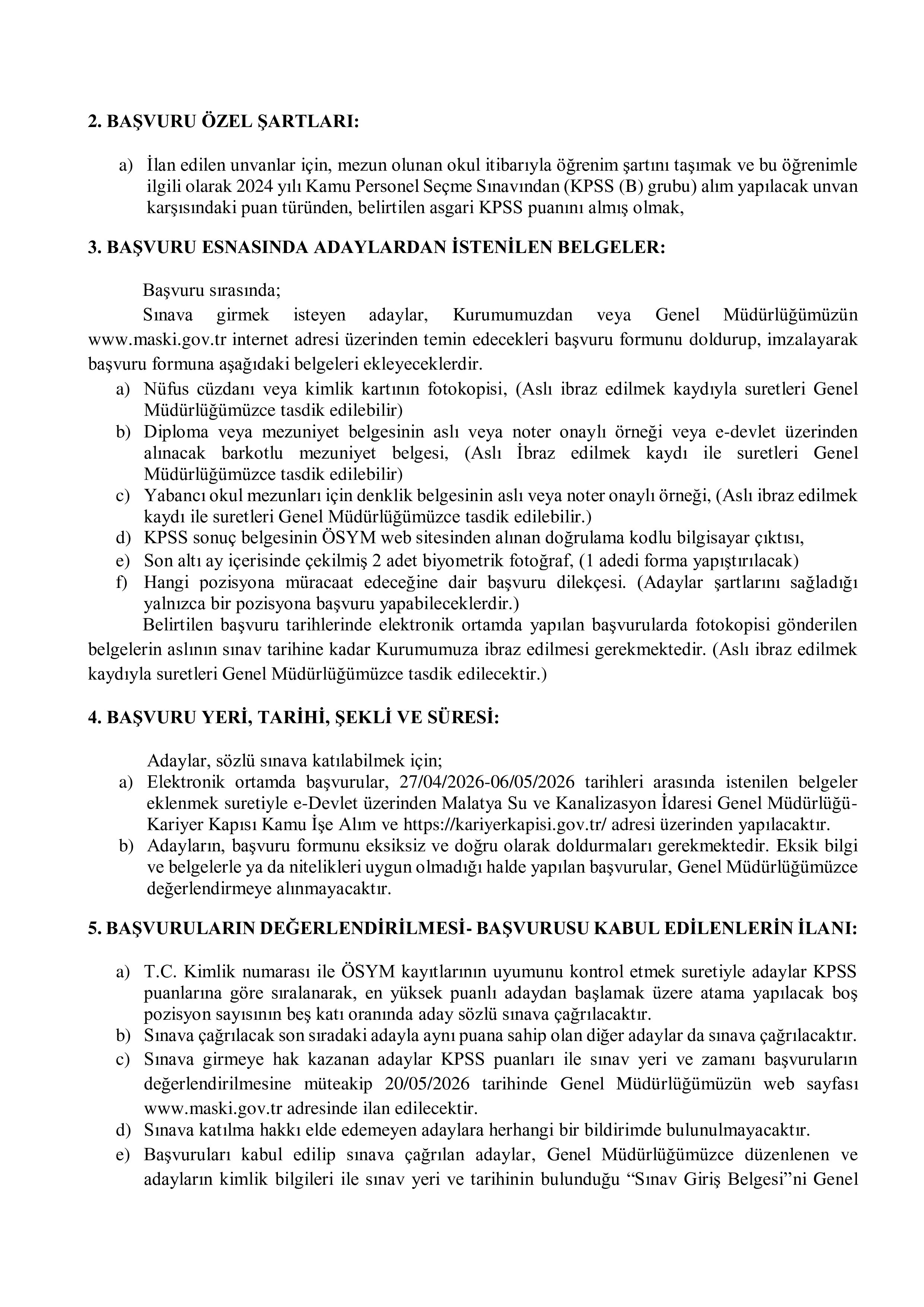 MASKİ MALATYA SU VE KANALİZASYON İŞL.MÜD. 30 SÖZLEŞMELİ PERSONEL ALACAK ( 27 Nisan - 6 Mayıs) İlan İçeriği Sayfa 4