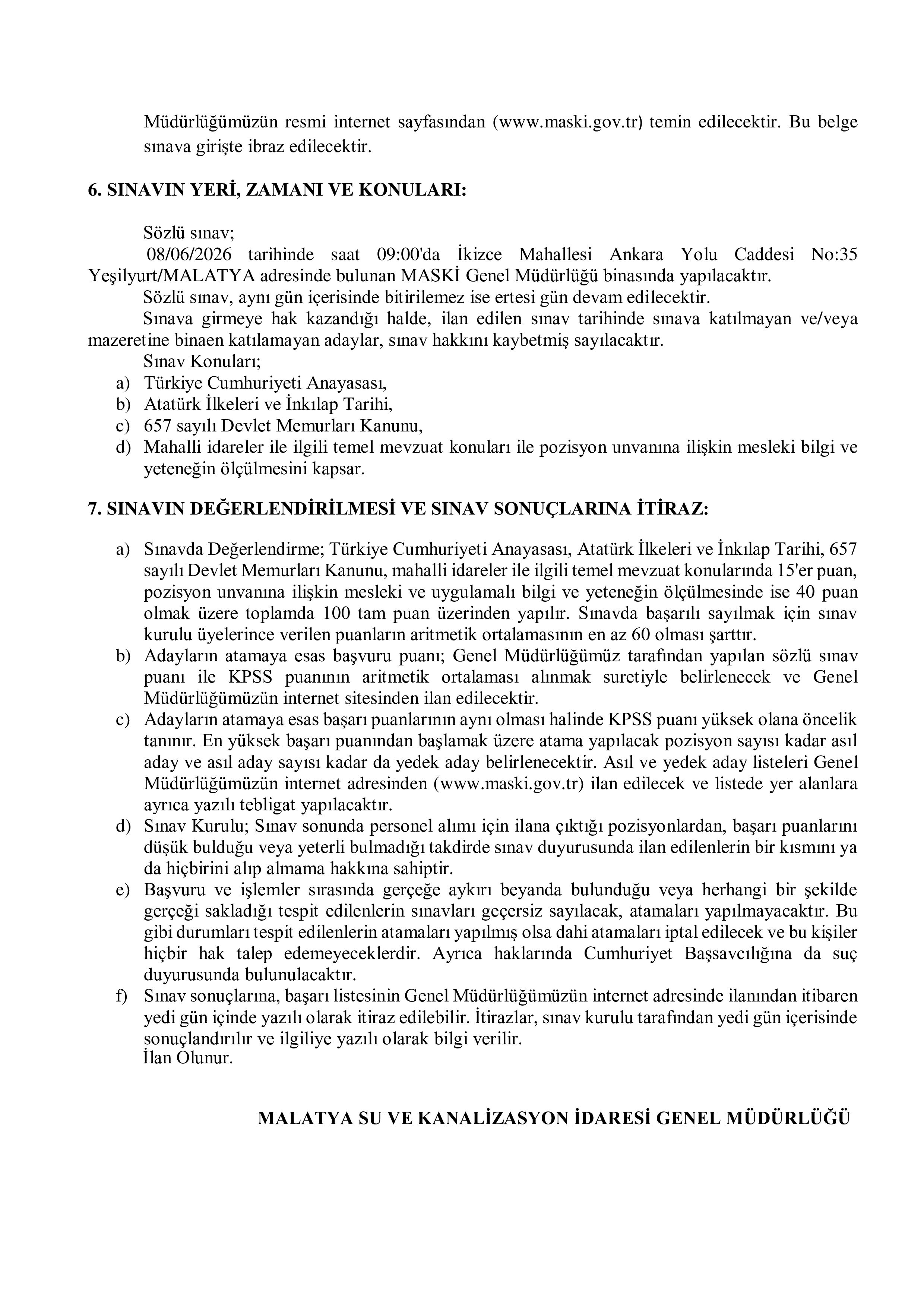 MASKİ MALATYA SU VE KANALİZASYON İŞL.MÜD. 30 SÖZLEŞMELİ PERSONEL ALACAK ( 27 Nisan - 6 Mayıs) İlan İçeriği Sayfa 5