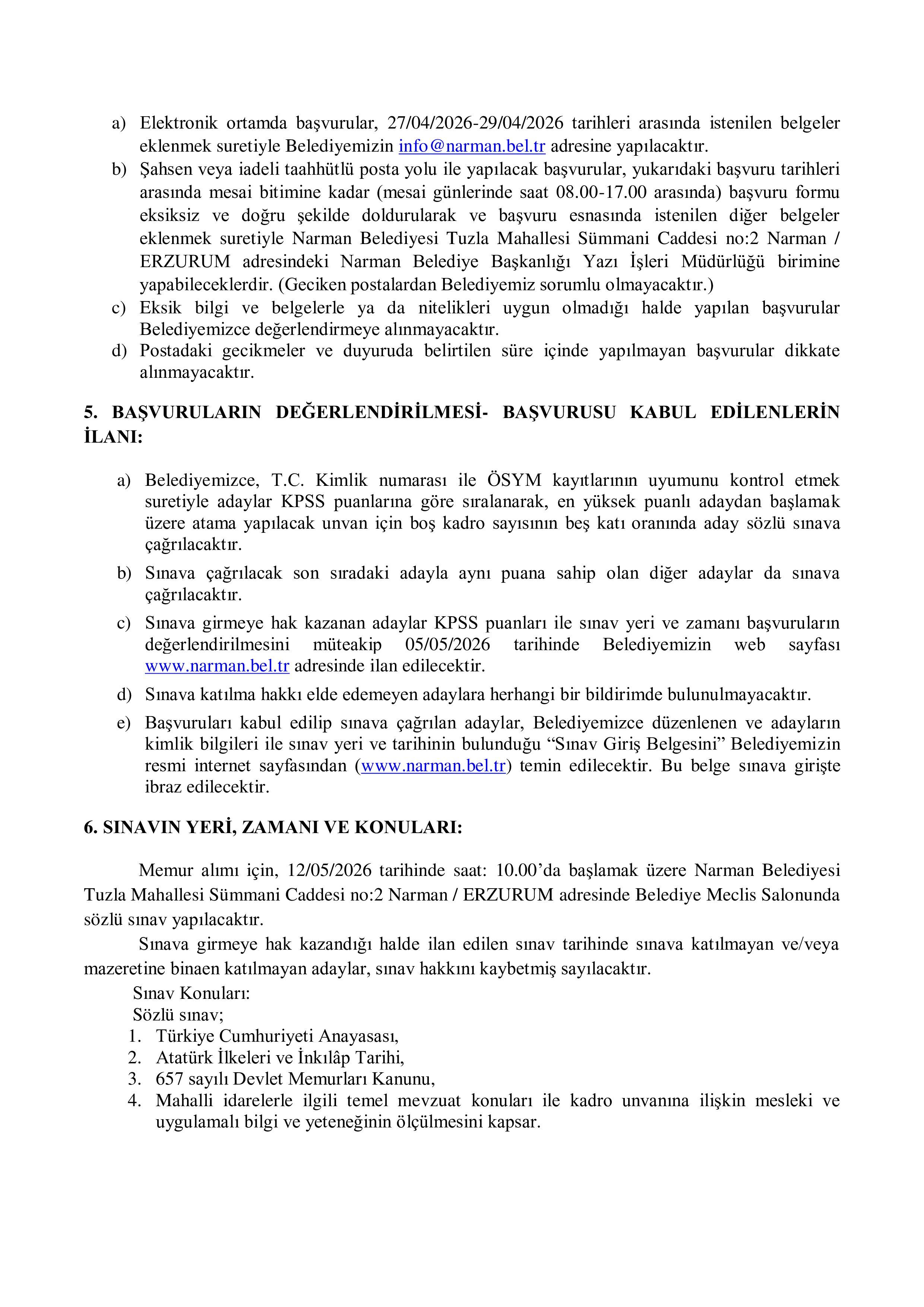 NARMAN BELEDİYE BAŞKANLIĞI MÜHENDİS ( 27 Nisan - 29 Nisan) İlan İçeriği Sayfa 3