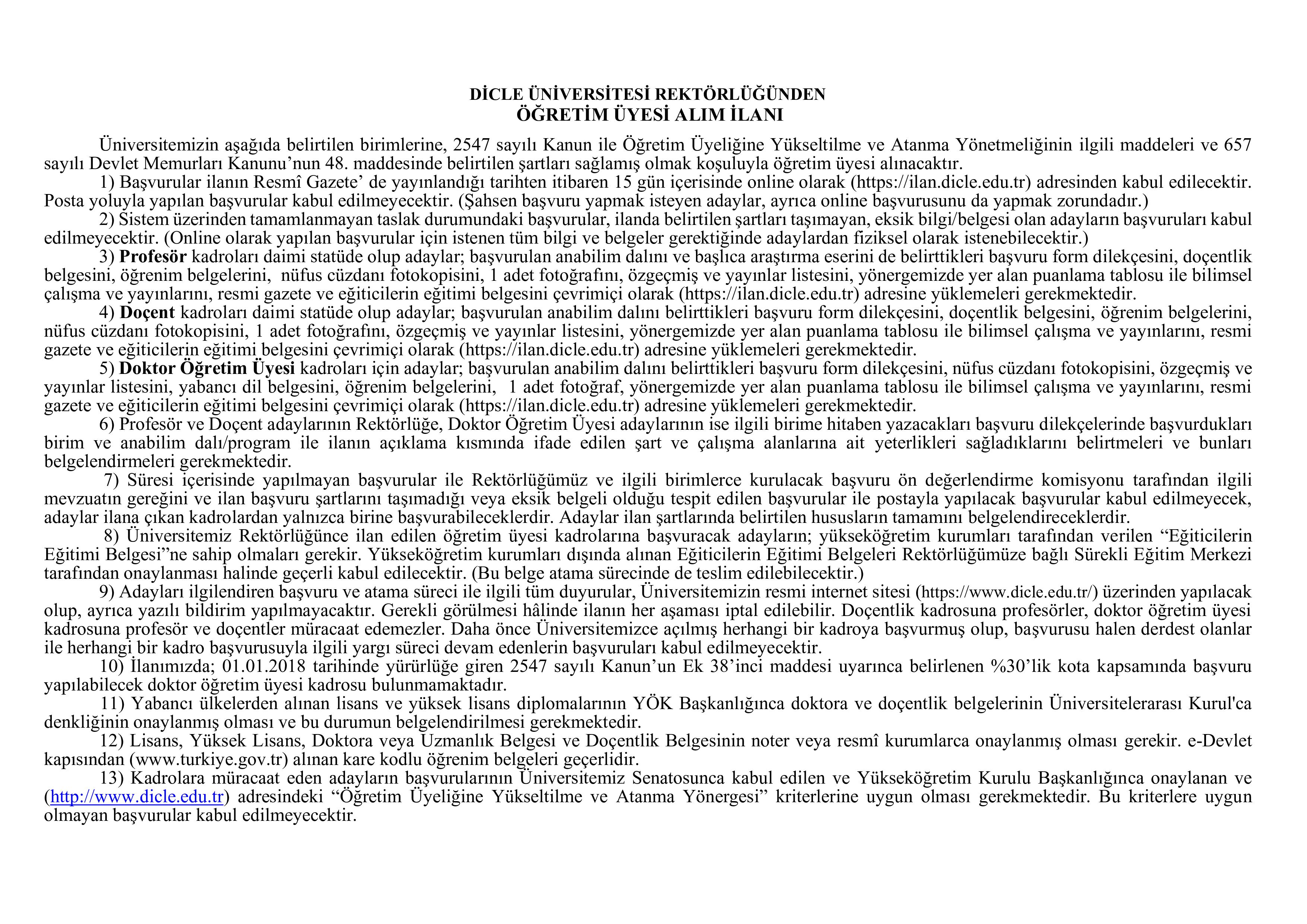 DİCLE ÜNİVERSİTESİ 47 ÖĞRETİM ÜYESİ ALACAK ( 17 Nisan - 1 Mayıs) İlan İçeriği Sayfa 1