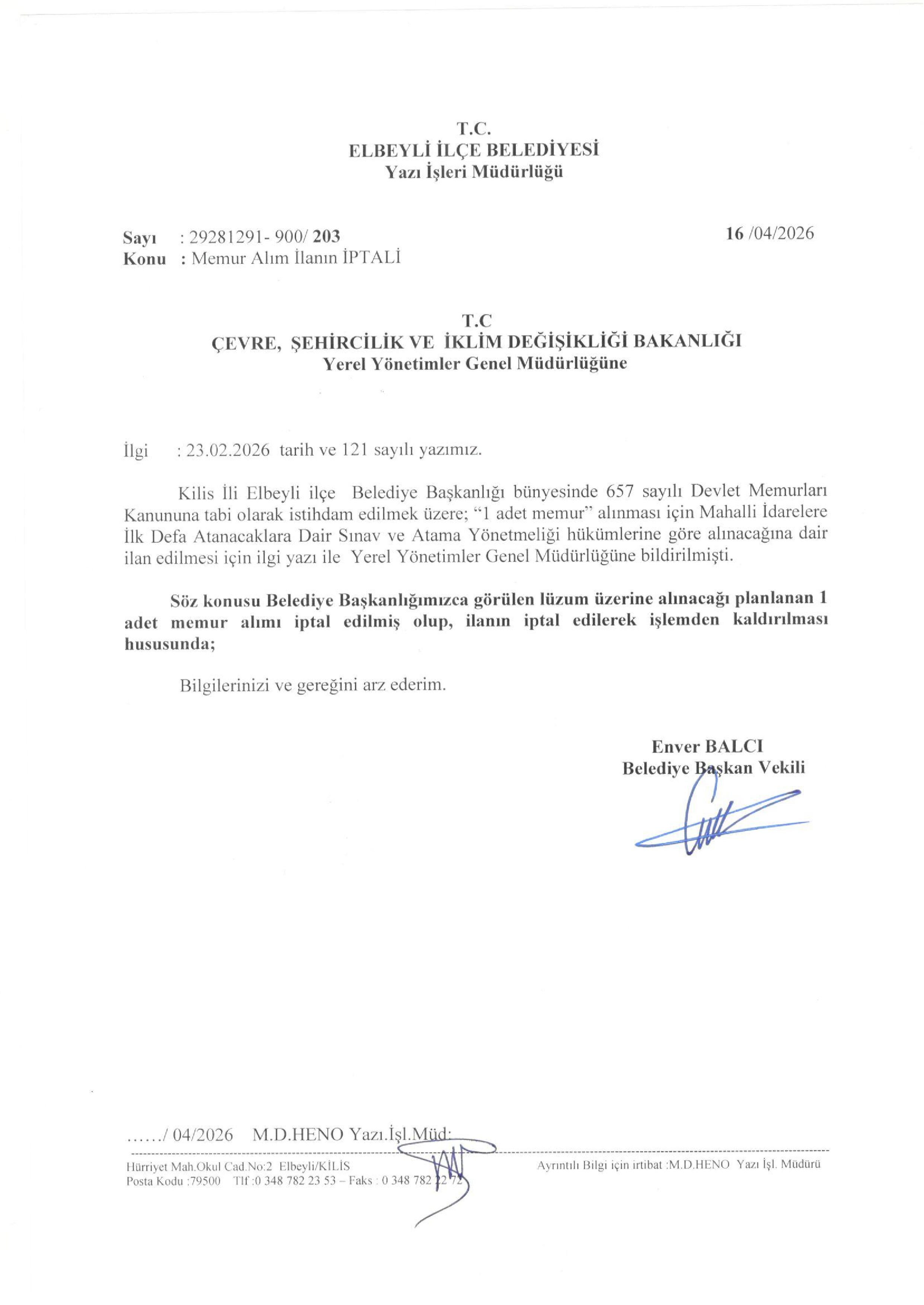 ELBEYLİ (KİLİS) BELEDİYE BAŞKANLIĞI İPTAL İLANI ( 17 Nisan - 27 Nisan) İlan İçeriği Sayfa 1