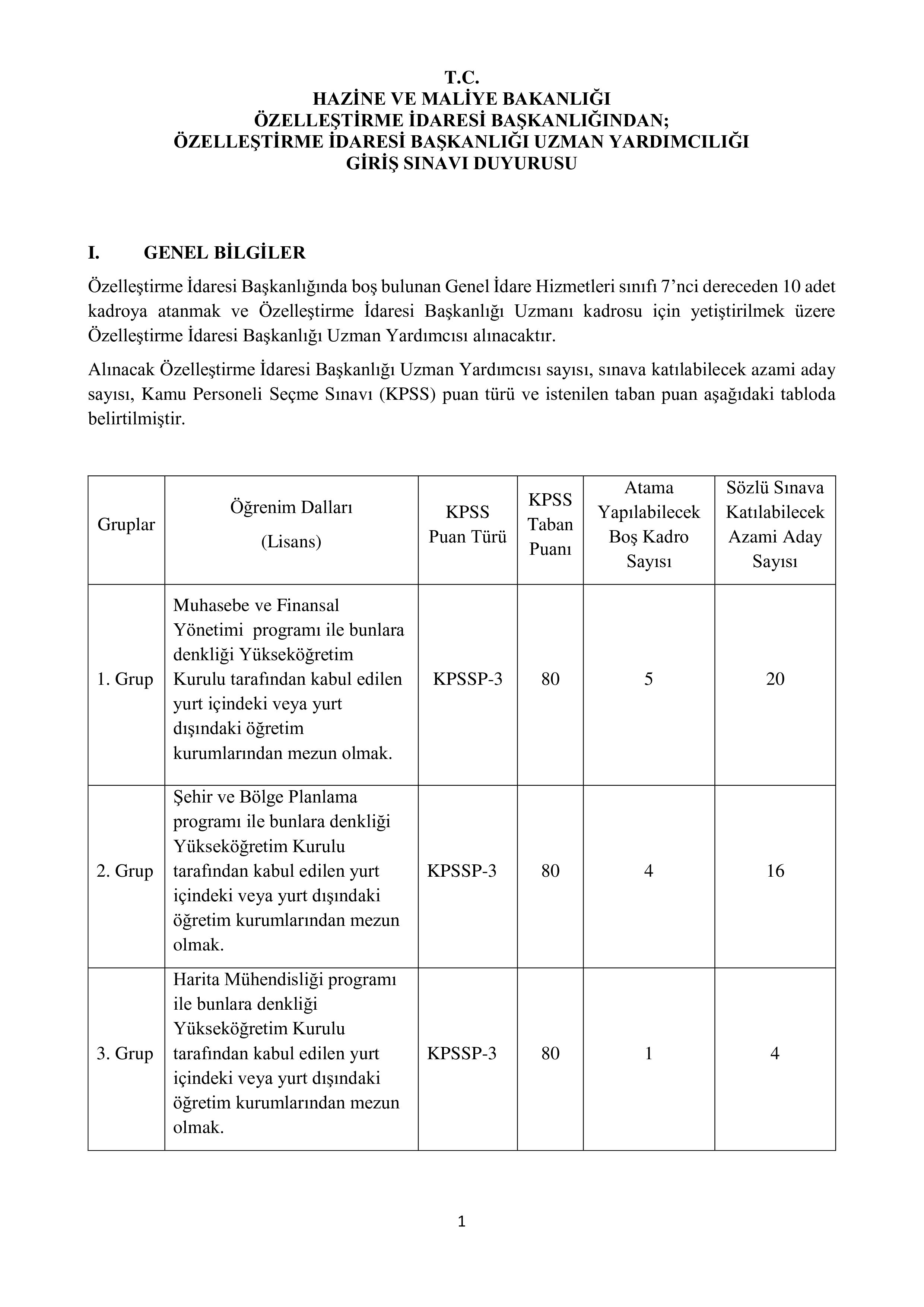 ÖZELLEŞTİRME İDARESİ BAŞKANLIĞI 10 ÖZELLEŞTİRME UZMAN YARDIMCISI ALACAK ( 1 Haziran - 10 Haziran) İlan İçeriği Sayfa 1