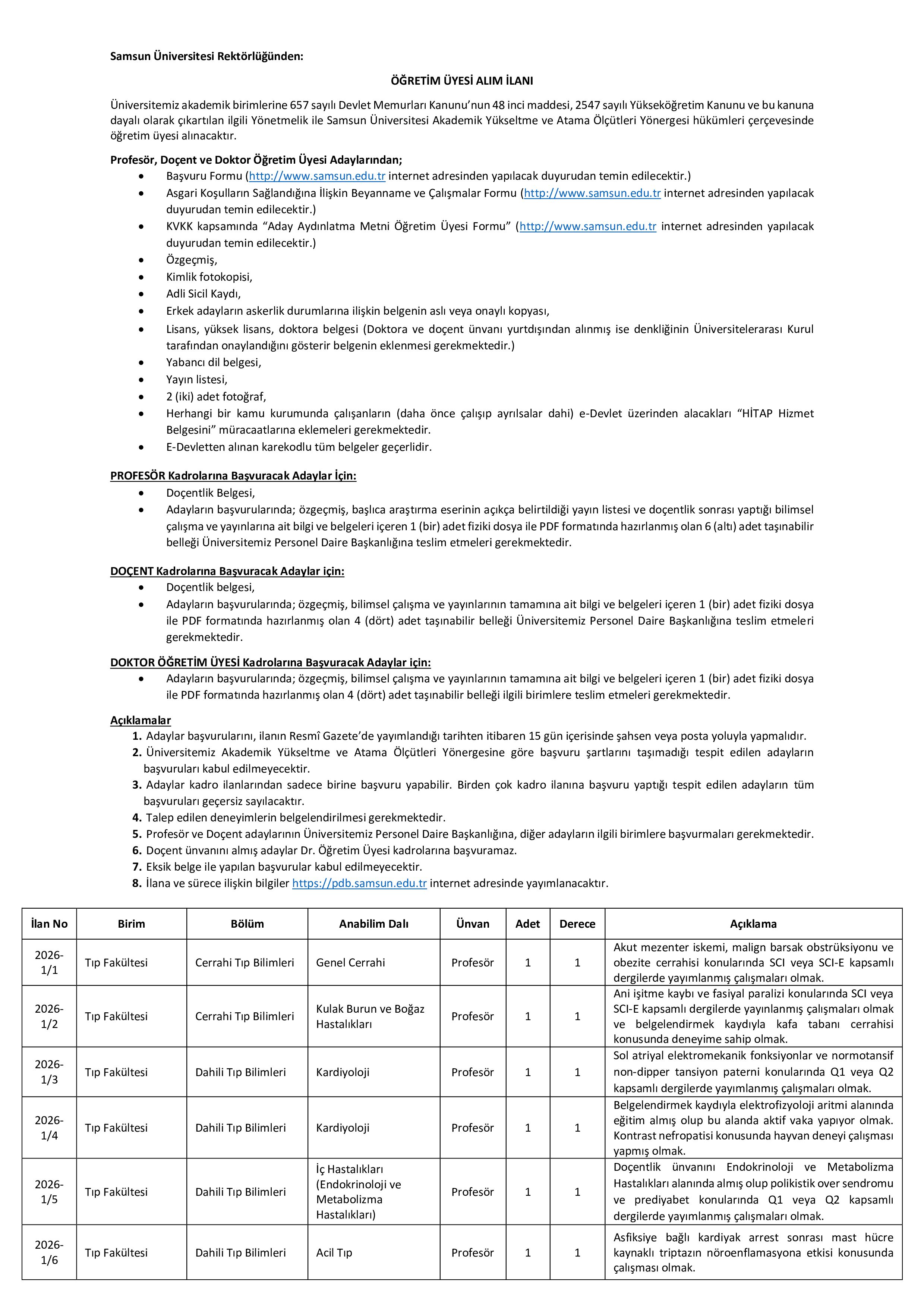 SAMSUN ÜNİVERSİTESİ 26 ÖĞRETİM ÜYESİ ALACAK ( 17 Nisan - 1 Mayıs) İlan İçeriği Sayfa 1