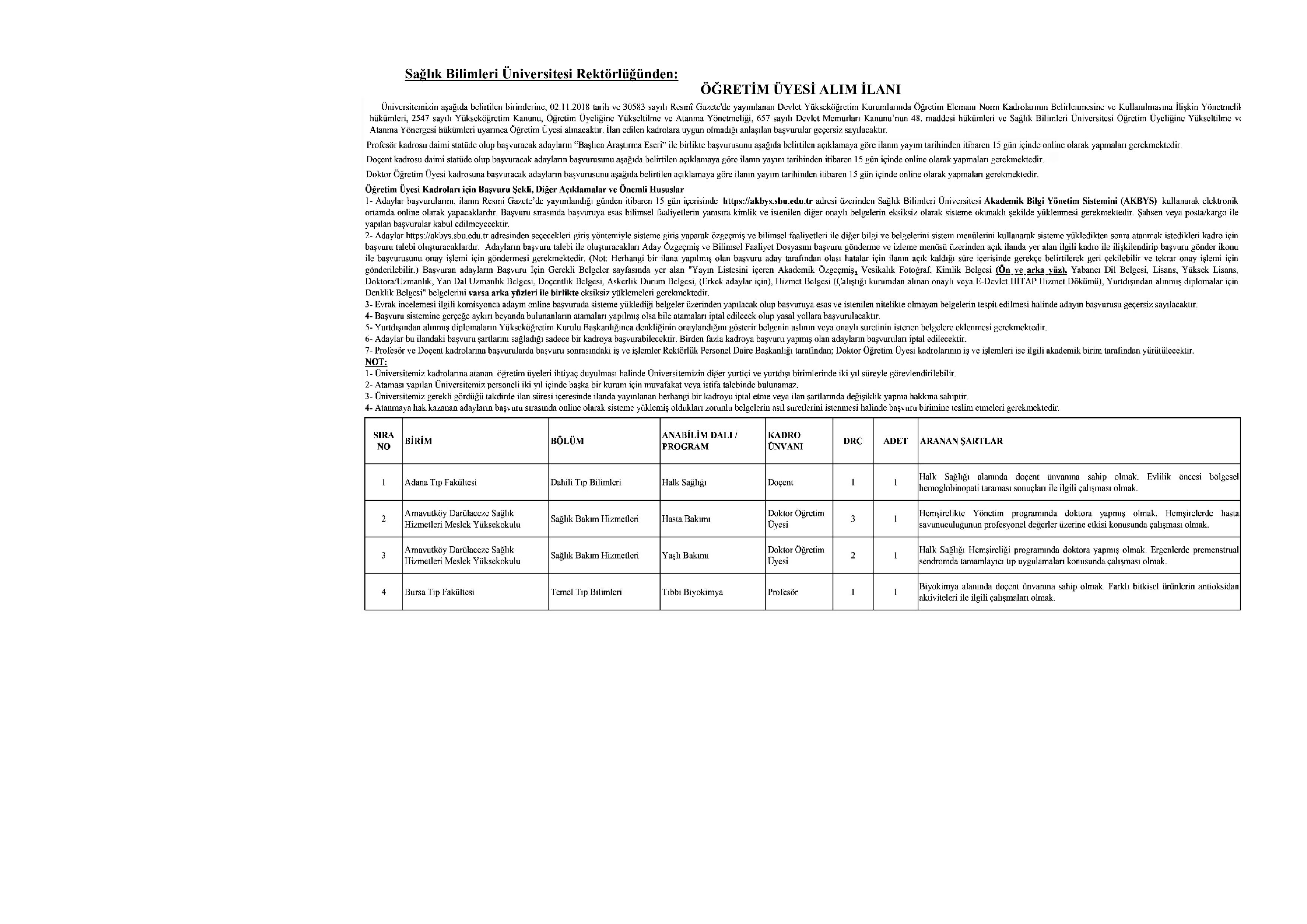 SAĞLIK BİLİMLERİ ÜNİVERSİTESİ SAĞLIK BİLİMLERİ ÜNİVERSİTESİ 36 ÖĞRETİM ÜYESİ ALACAK ( 18 Aralık - 1 Ocak) İlan İçeriği Sayfa 1