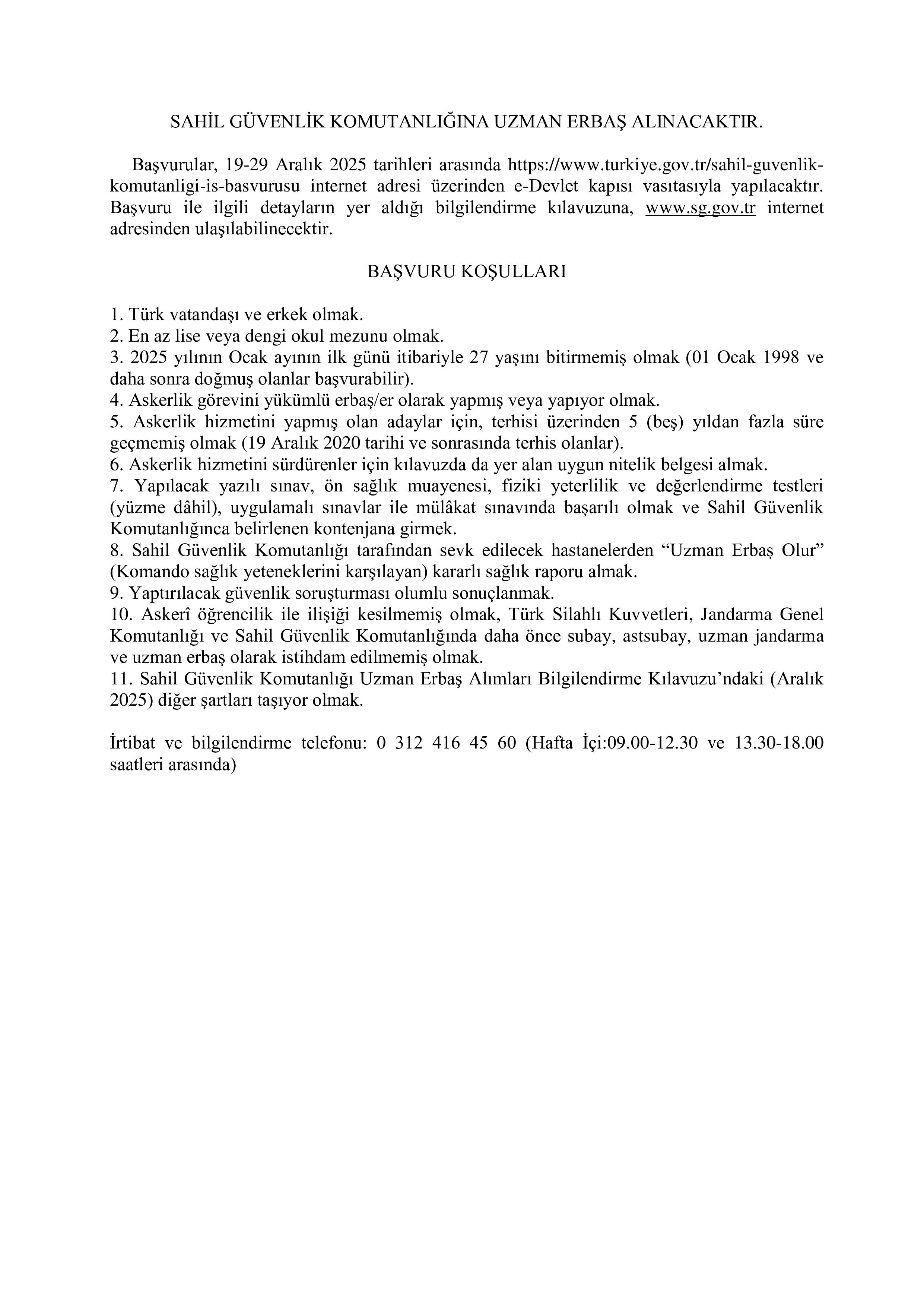 SAHİL GÜVENLİK KOMUTANLIĞI 350 ASKERi PERSONEL ALACAK ( 19 Aralık - 29 Aralık) İlan İçeriği Sayfa 1