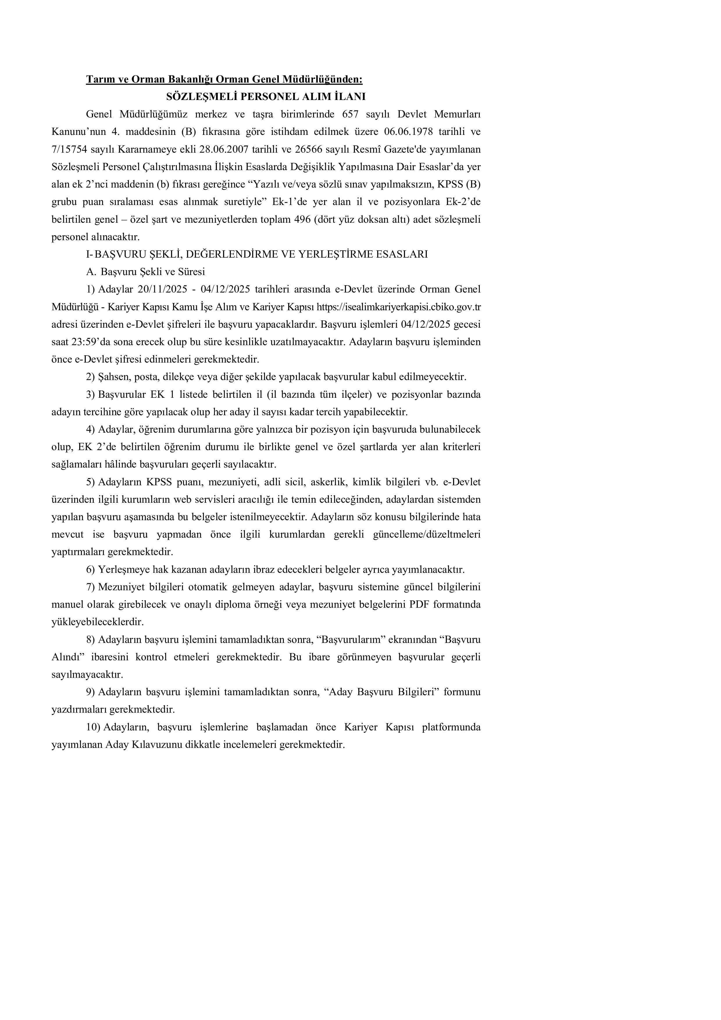ORMAN GENEL MÜDÜRLÜĞÜ 496 SÖZLEŞMELİ PERSONEL ALACAK ( 20 Kasım - 4 Aralık) İlan İçeriği Sayfa 1