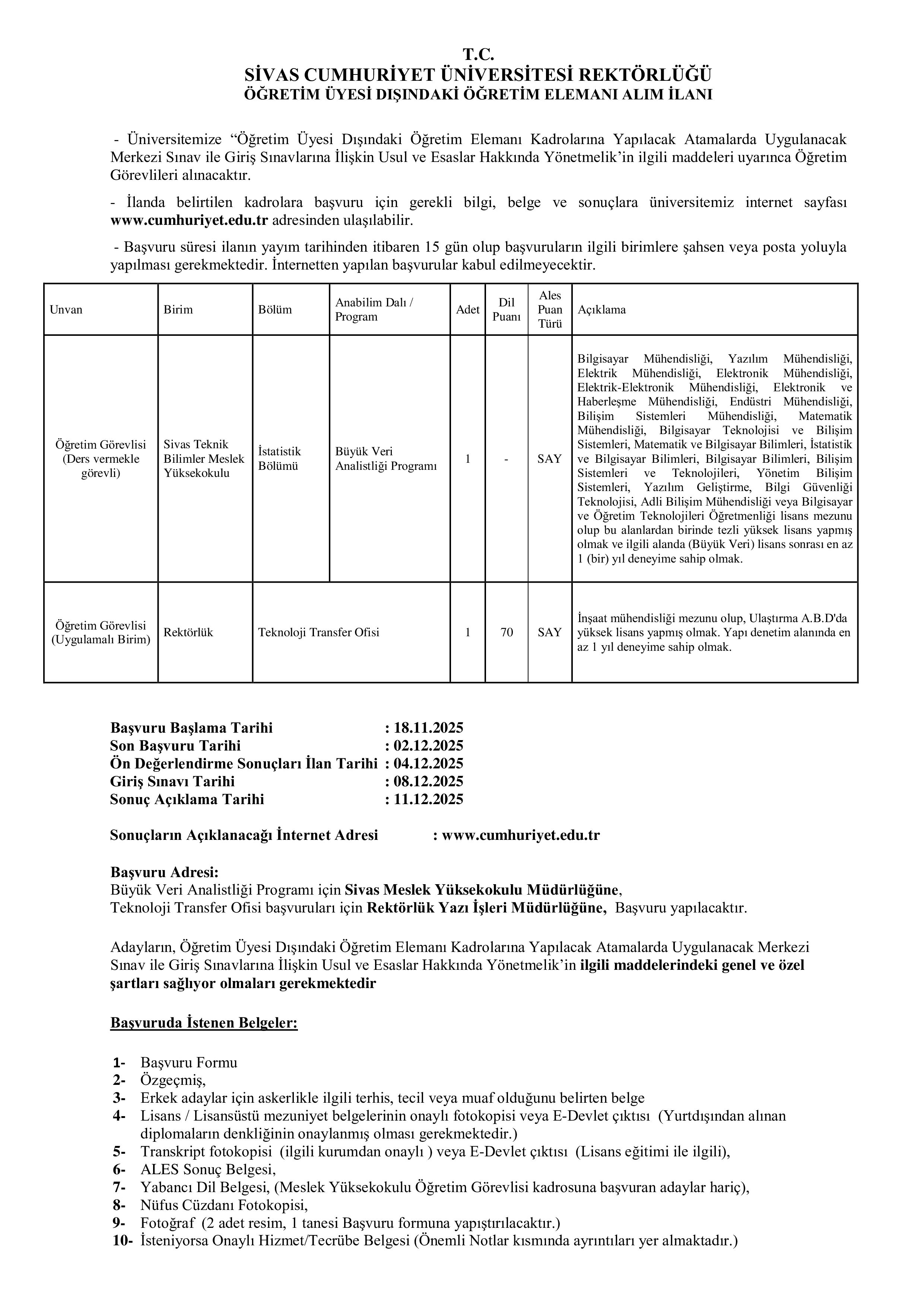 SİVAS CUMHURİYET ÜNİVERSİTESİ 2 ÖĞRETİM ELEMANI ALACAK ( 18 Kasım - 2 Aralık) İlan İçeriği Sayfa 1