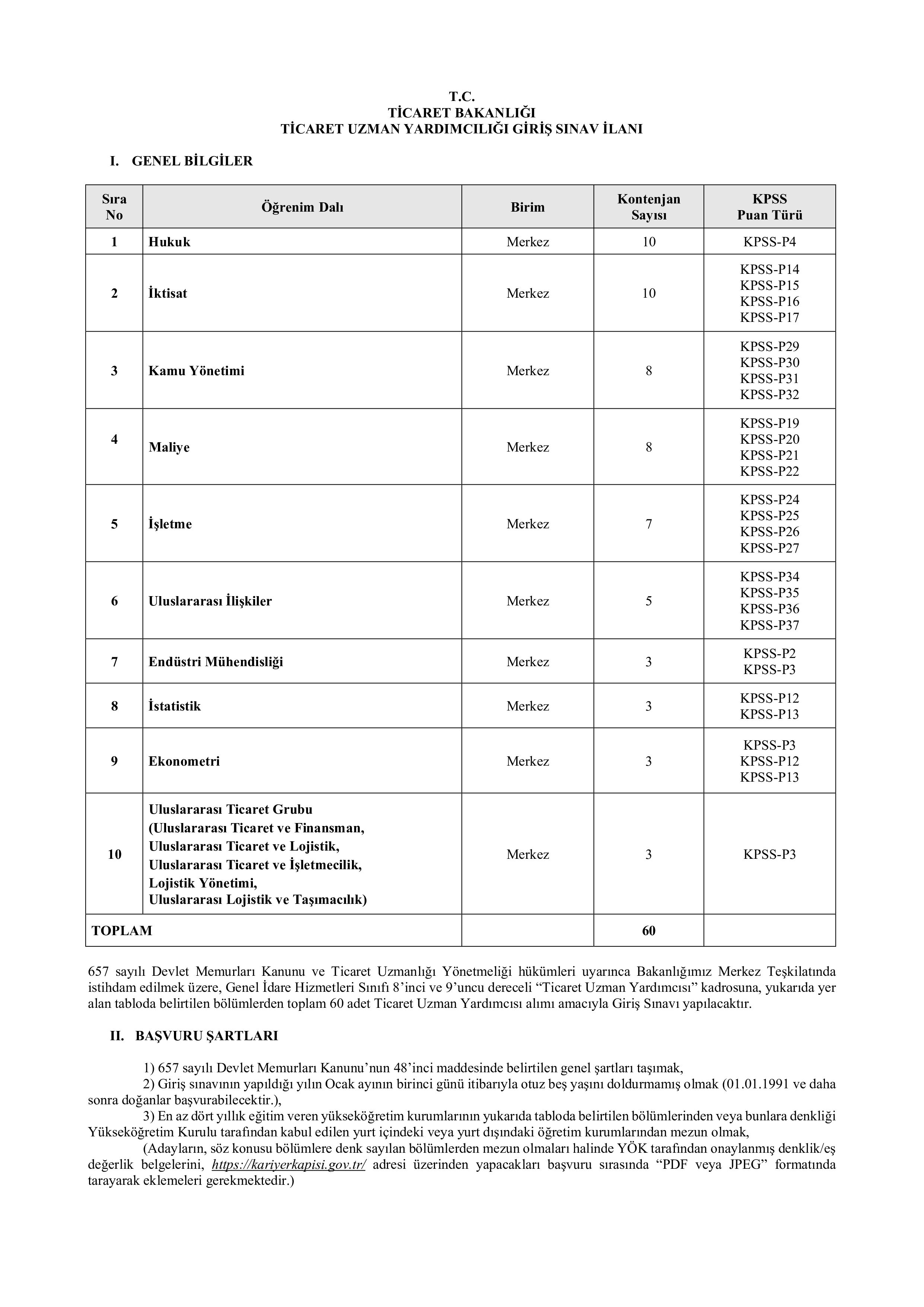 TİCARET BAKANLIĞI 60 TİCARET UZMAN YARDIMCISI ALACAK ( 10 Aralık - 19 Aralık) İlan İçeriği Sayfa 1