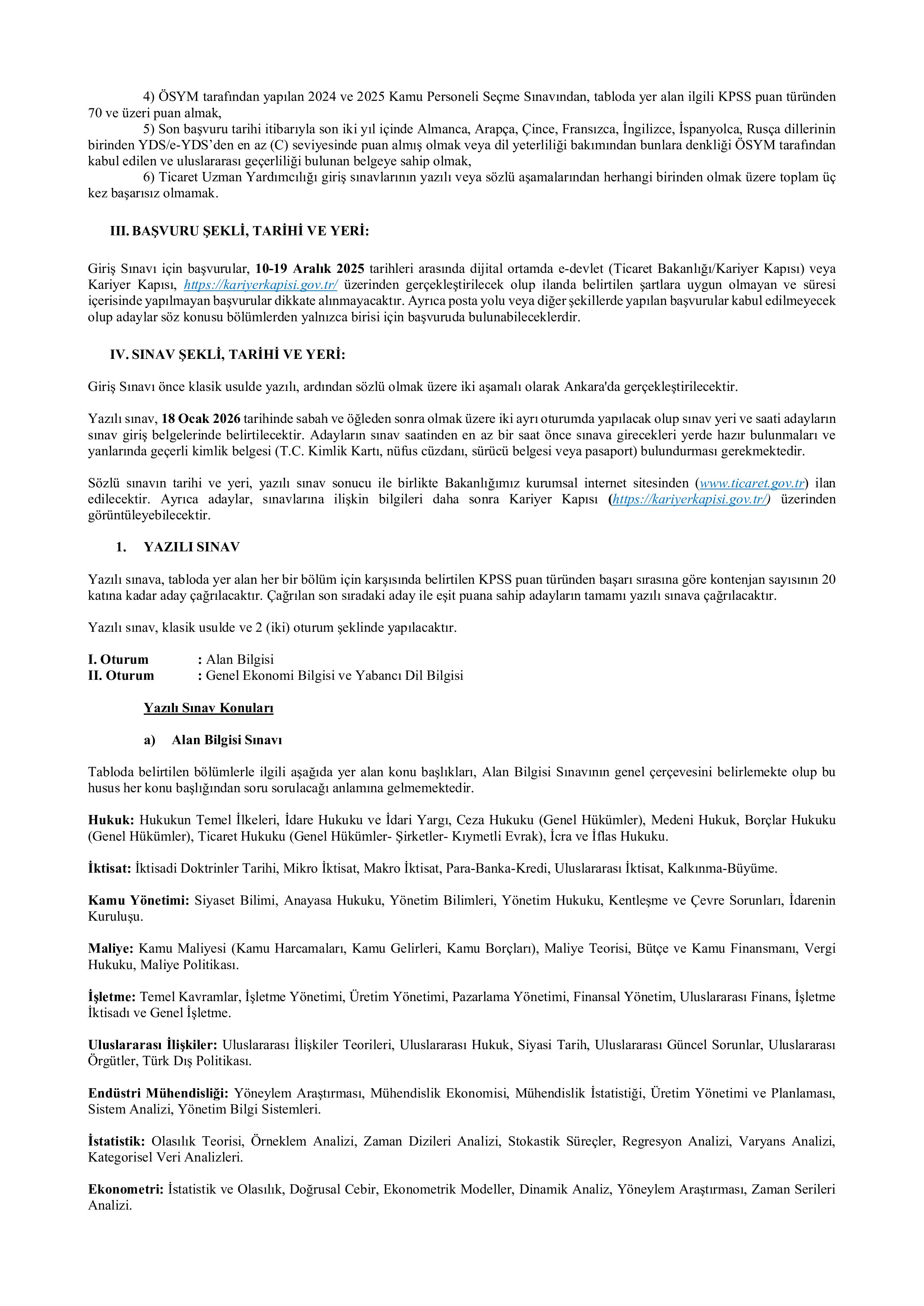 TİCARET BAKANLIĞI 60 TİCARET UZMAN YARDIMCISI ALACAK ( 10 Aralık - 19 Aralık) İlan İçeriği Sayfa 2