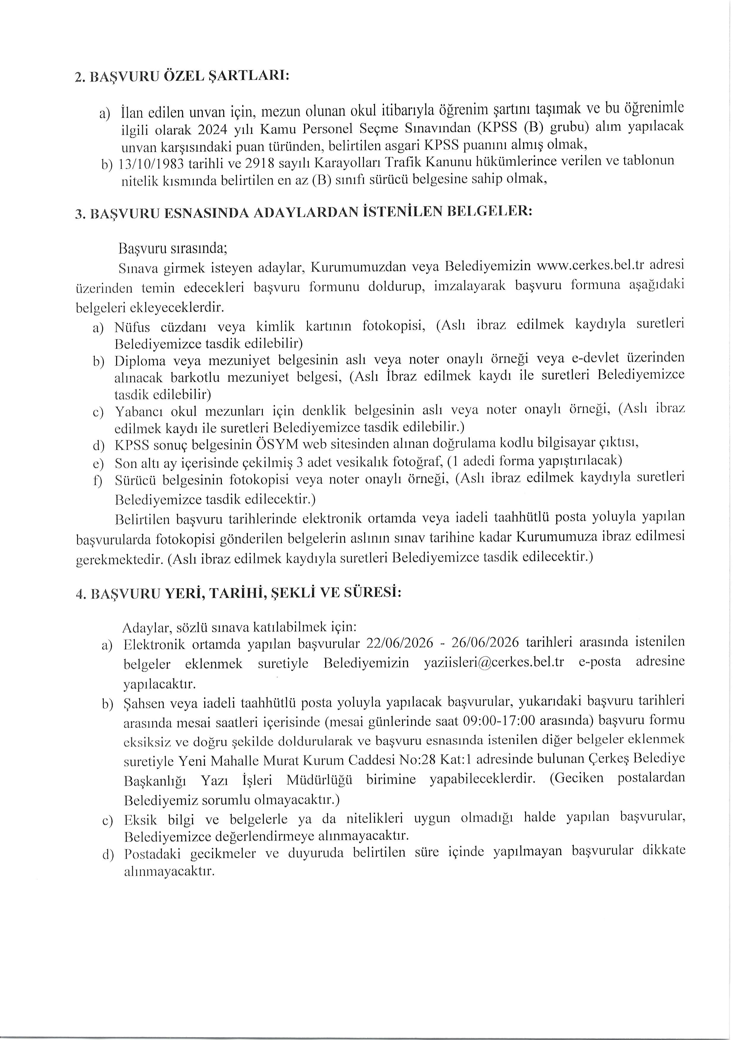 İlan İçeriği Sayfa 2 ÇERKEŞ BELEDİYE BAŞKANLIĞI 1 ADET SÖZLEŞMELİ (MİMAR) PERSONEL ALACAK ( 22 Haziran - 26 Haziran) İlan İçeriği Sayfa 2
