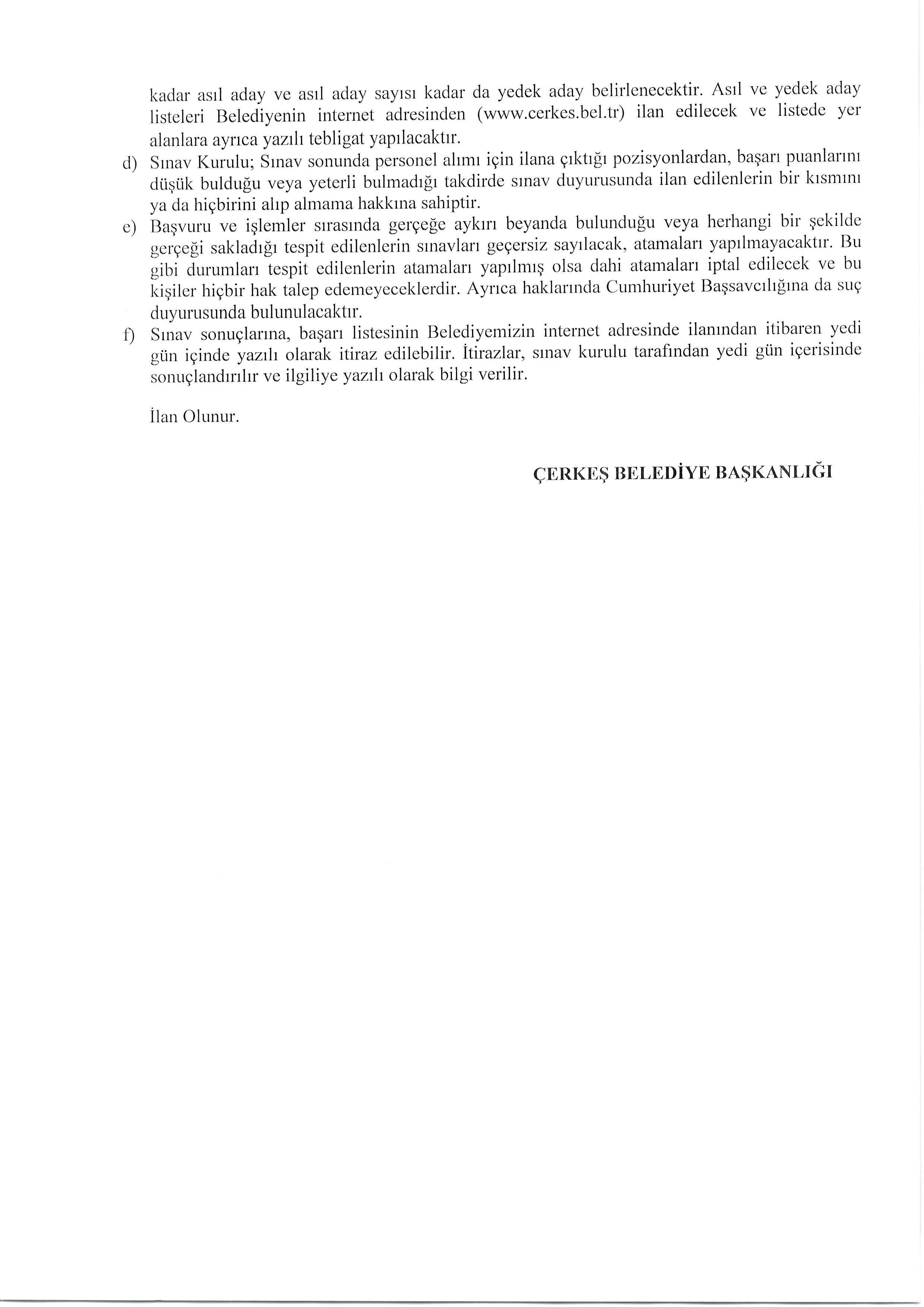 İlan İçeriği Sayfa 4 ÇERKEŞ BELEDİYE BAŞKANLIĞI 1 ADET SÖZLEŞMELİ (MİMAR) PERSONEL ALACAK ( 22 Haziran - 26 Haziran) İlan İçeriği Sayfa 4
