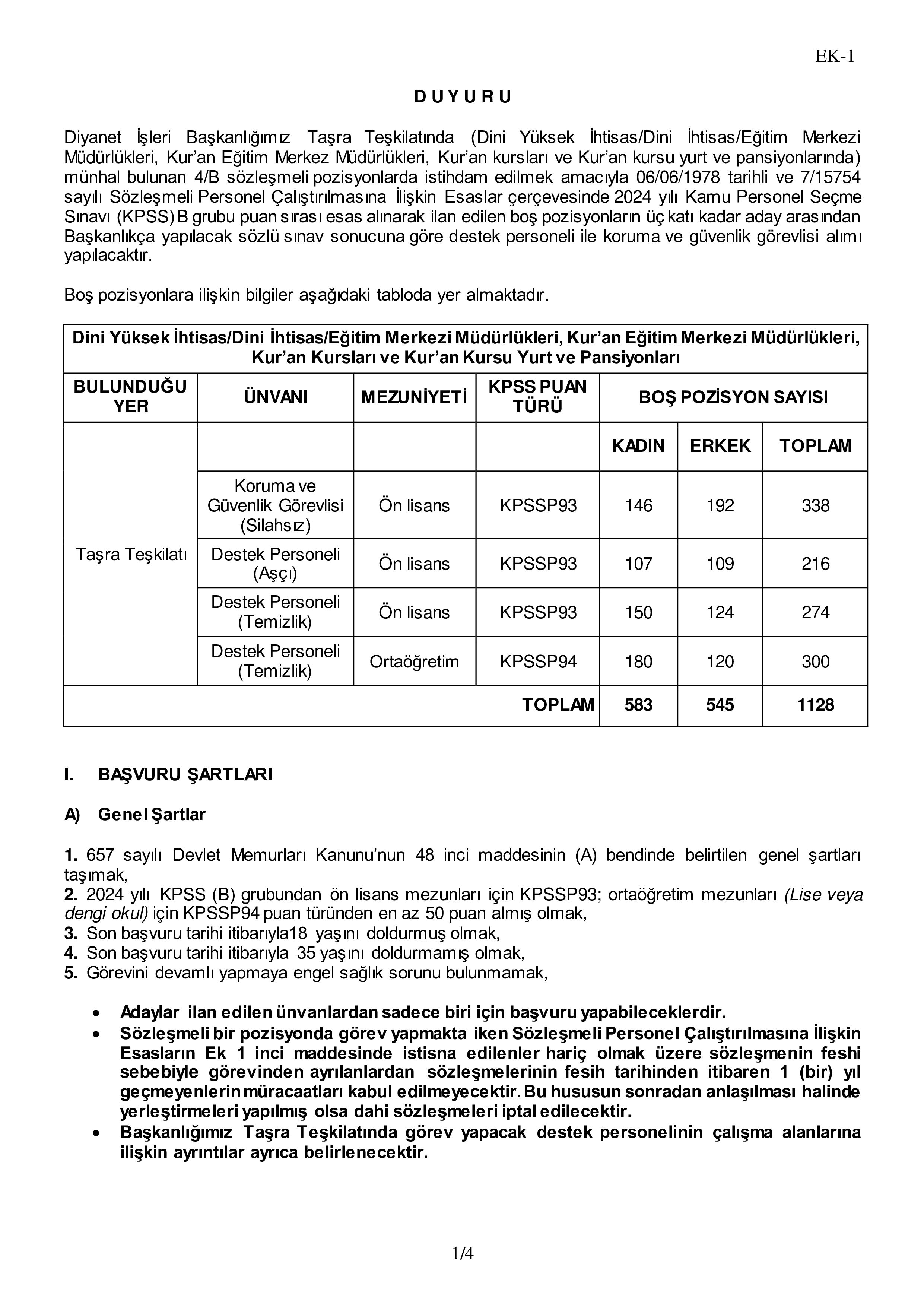 İlan İçeriği Sayfa 1 DİYANET İŞLERİ BAŞKANLIĞI 1128 SÖZLEŞMELİ PERSONEL ALACAK ( 22 Mayıs - 5 Haziran) İlan İçeriği Sayfa 1