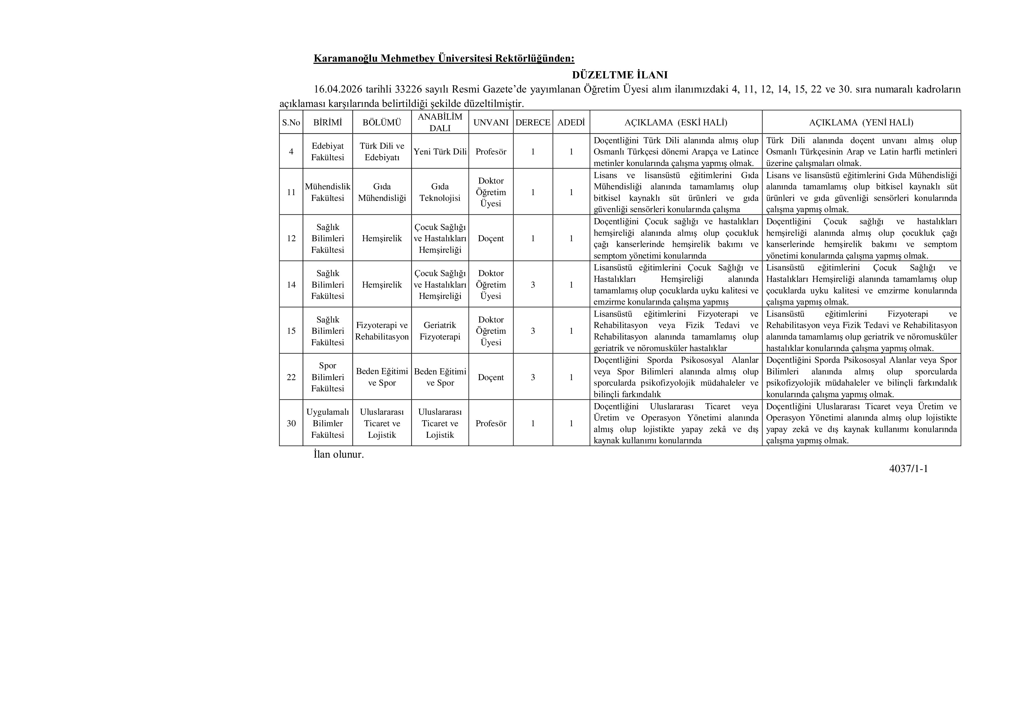 KARAMANOĞLU MEHMETBEY ÜNİVERSİTESİ DÜZELTME İLANI ( 18 Nisan - 30 Nisan) İlan İçeriği Sayfa 1