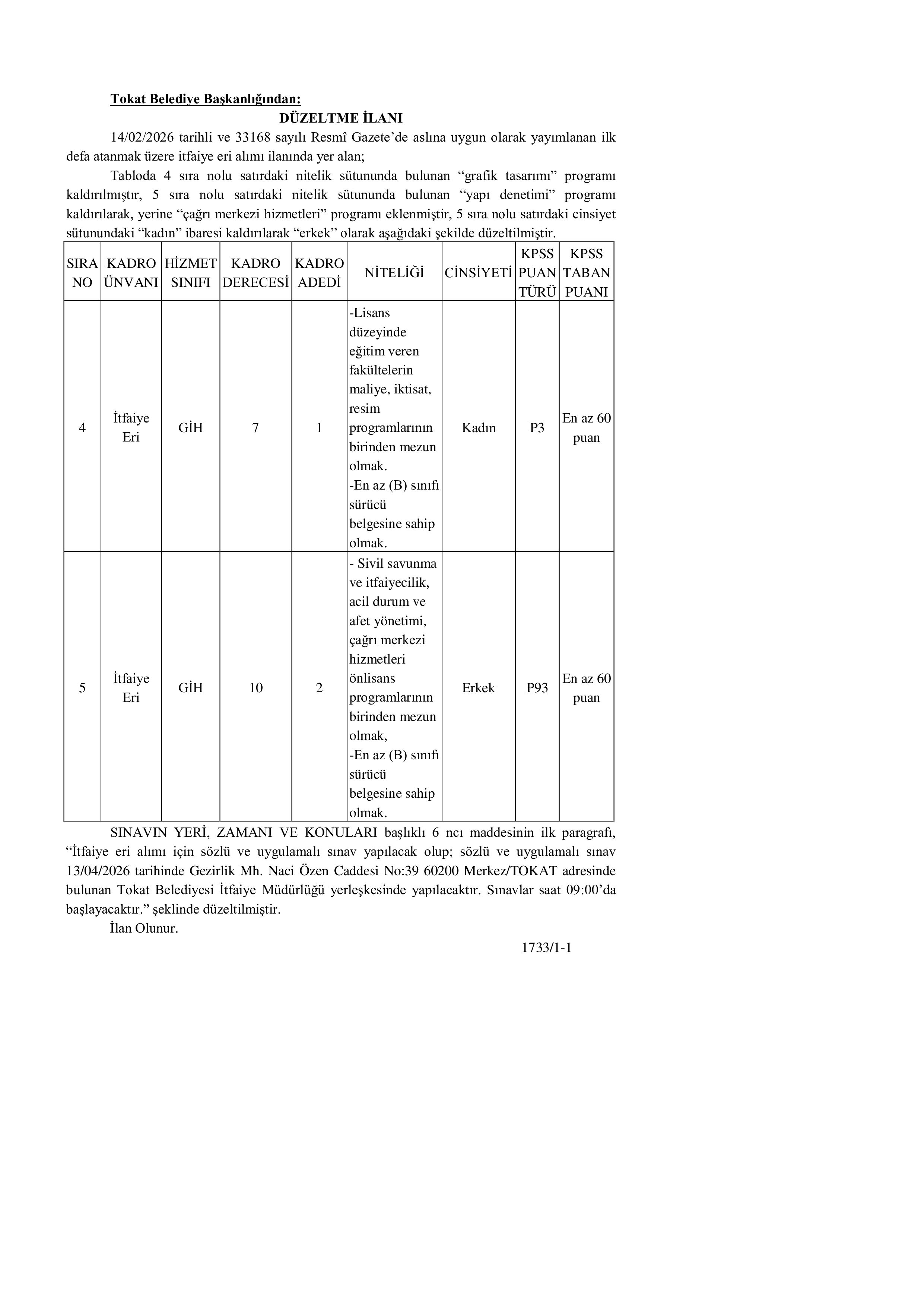 TOKAT BELEDİYE BAŞKANLIĞI DÜZELTME İLANI ( 23 Mart - 25 Mart) İlan İçeriği Sayfa 1