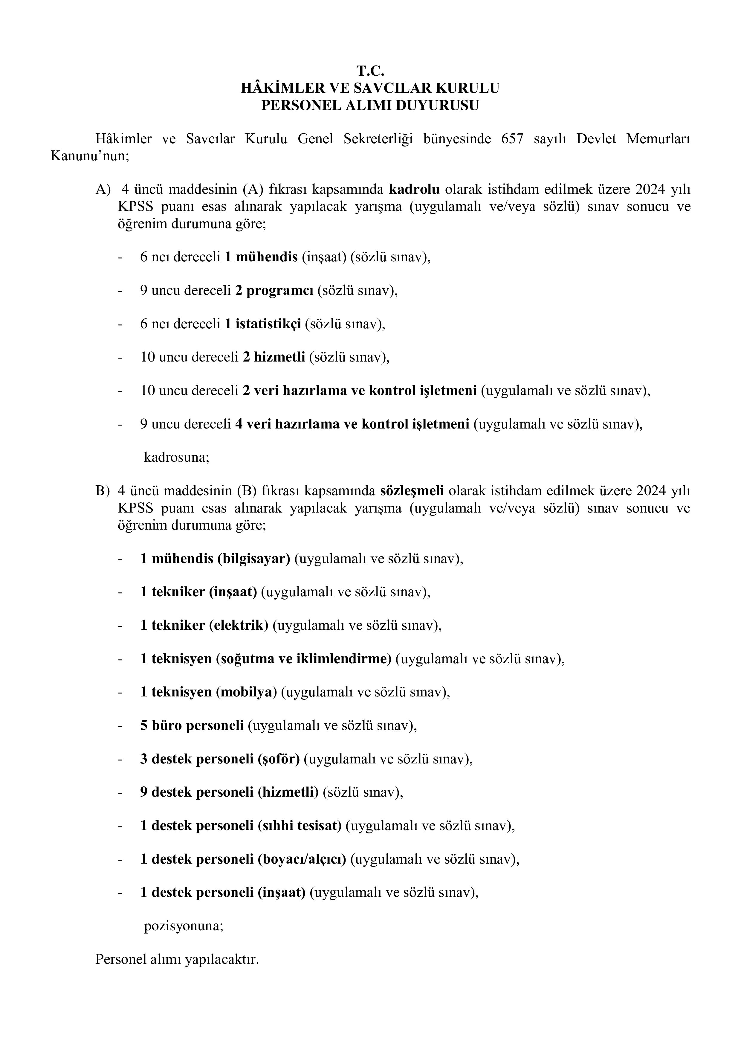 HAKİMLER VE SAVCILAR KURULU 37 PERSONEL ALIM İLANI ( 5 Ocak - 9 Ocak) İlan İçeriği Sayfa 1