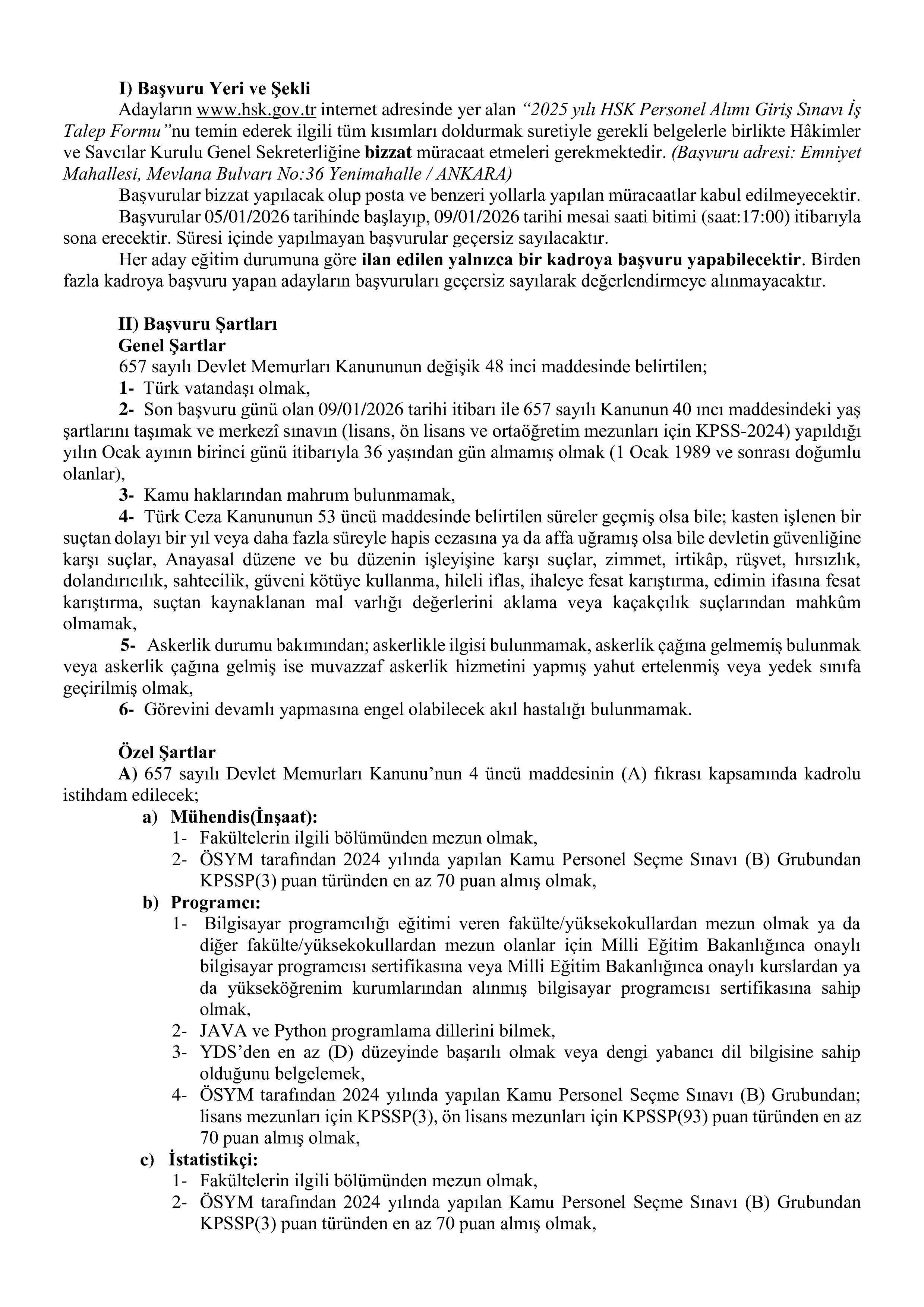 HAKİMLER VE SAVCILAR KURULU 37 PERSONEL ALIM İLANI ( 5 Ocak - 9 Ocak) İlan İçeriği Sayfa 2