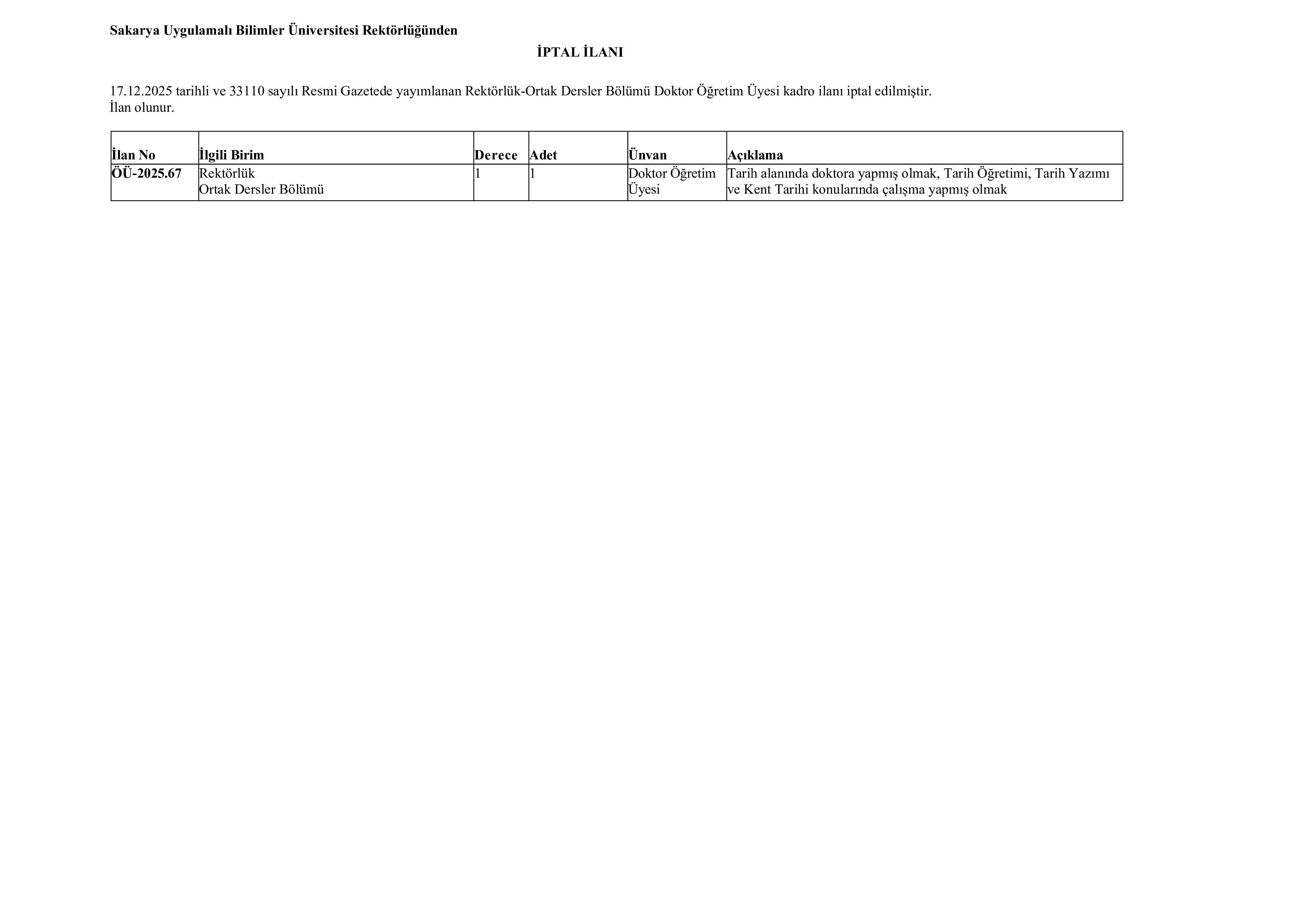 SAKARYA UYGULAMALI BİLİMLER ÜNİVERSİTESİ 1 ÖĞRETİM ÜYESİ KADROSU-İPTAL İLANI  ( 19 Aralık - 31 Aralık) İlan İçeriği Sayfa 1