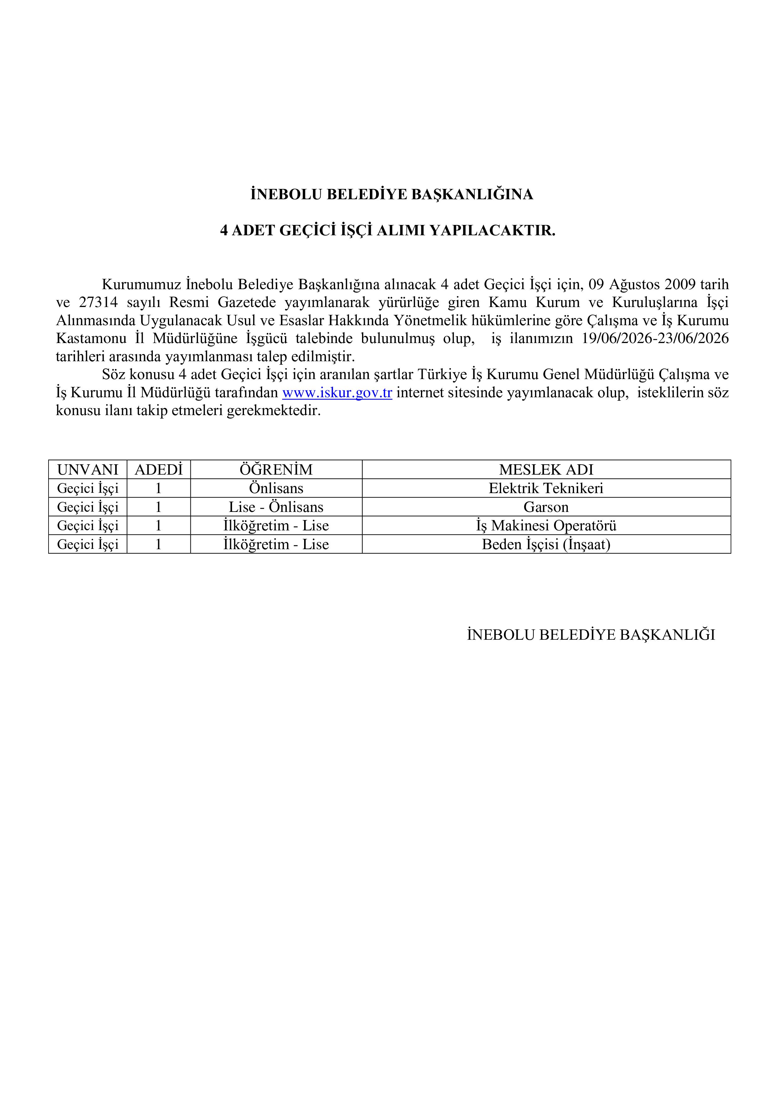 İNEBOLU BELEDİYE BAŞKANLIĞI 4 GEÇİCİ İŞÇİ ALACAK ( 19 Haziran - 23 Haziran) İlan İçeriği Sayfa 1