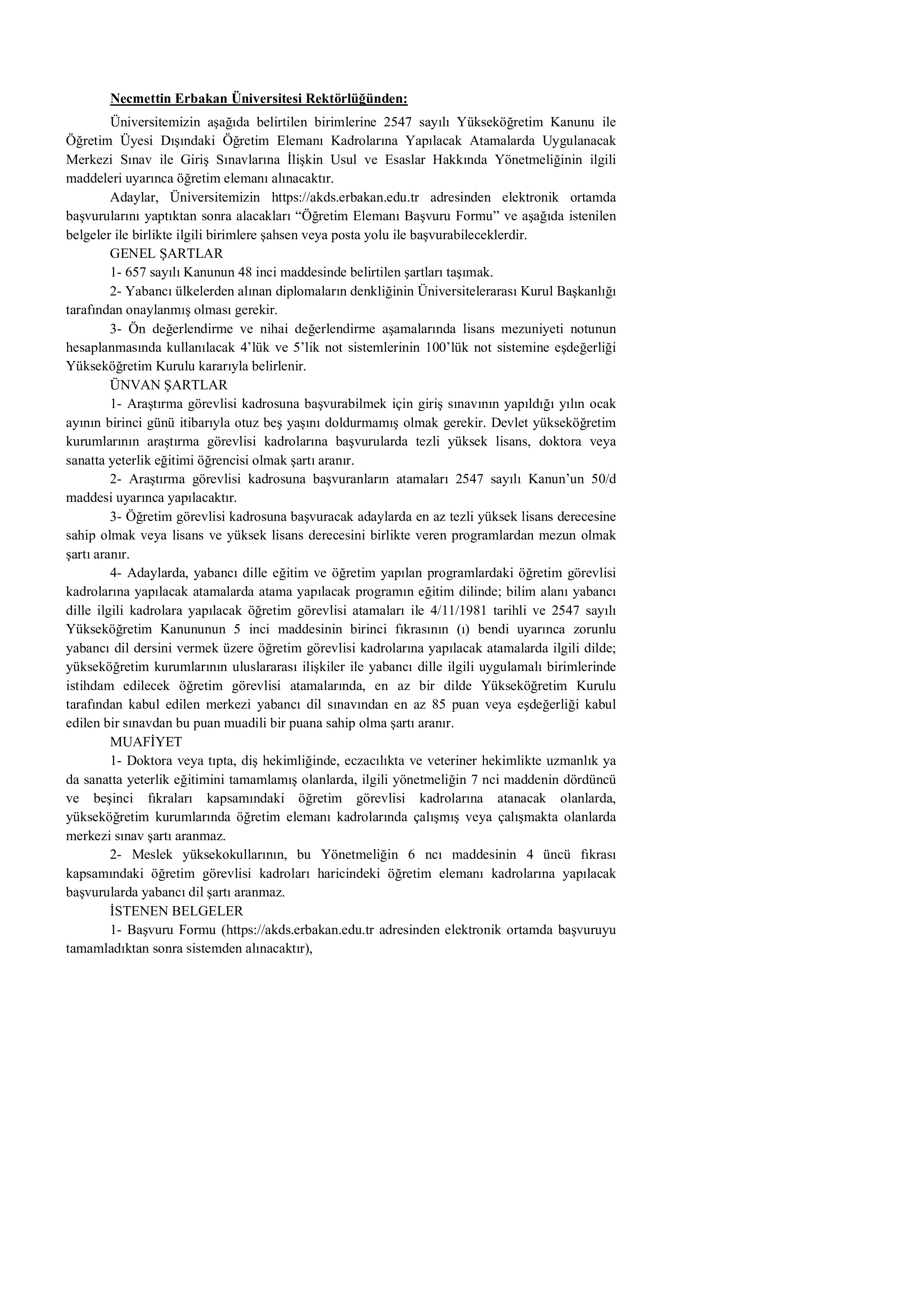 İlan İçeriği Sayfa 1 NECMETTİN ERBAKAN ÜNİVERSİTESİ 2 ARAŞTIRMA GÖREVLİSİ ALACAK ( 19 Haziran - 6 Temmuz) İlan İçeriği Sayfa 1