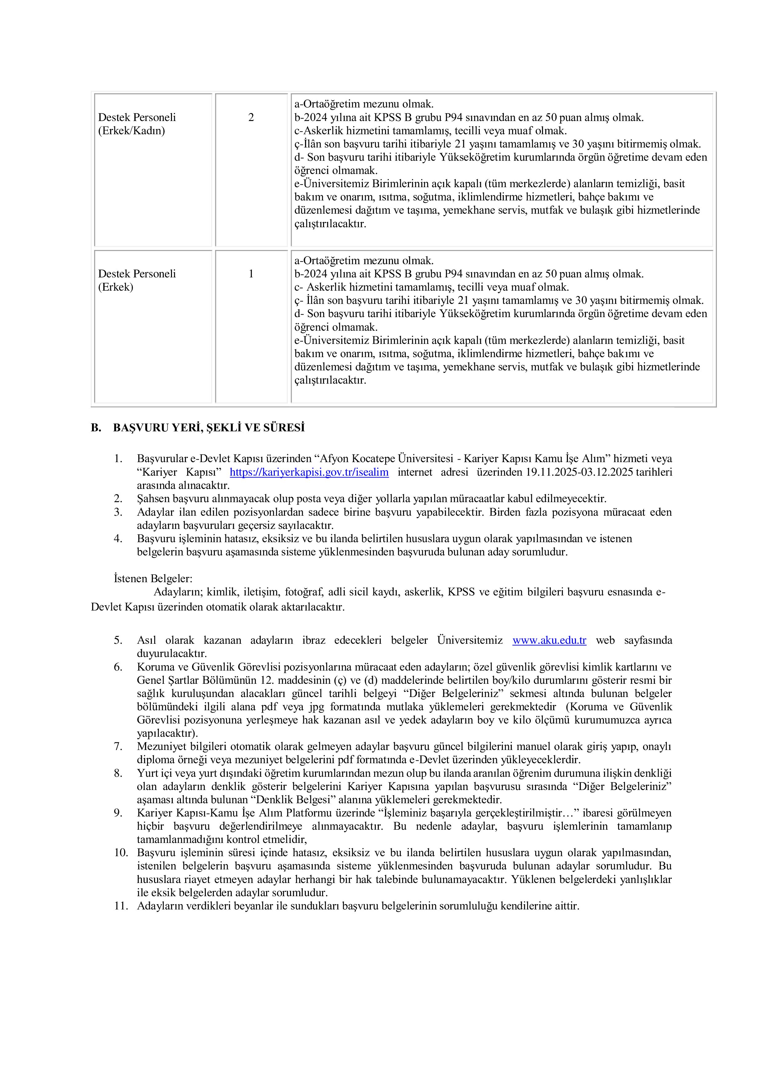 İlan İçeriği Sayfa 2 AFYON KOCATEPE ÜNİVERSİTESİ 4 SÖZLEŞMELİ PERSONEL ALACAK ( 19 Kasım - 3 Aralık) İlan İçeriği Sayfa 2