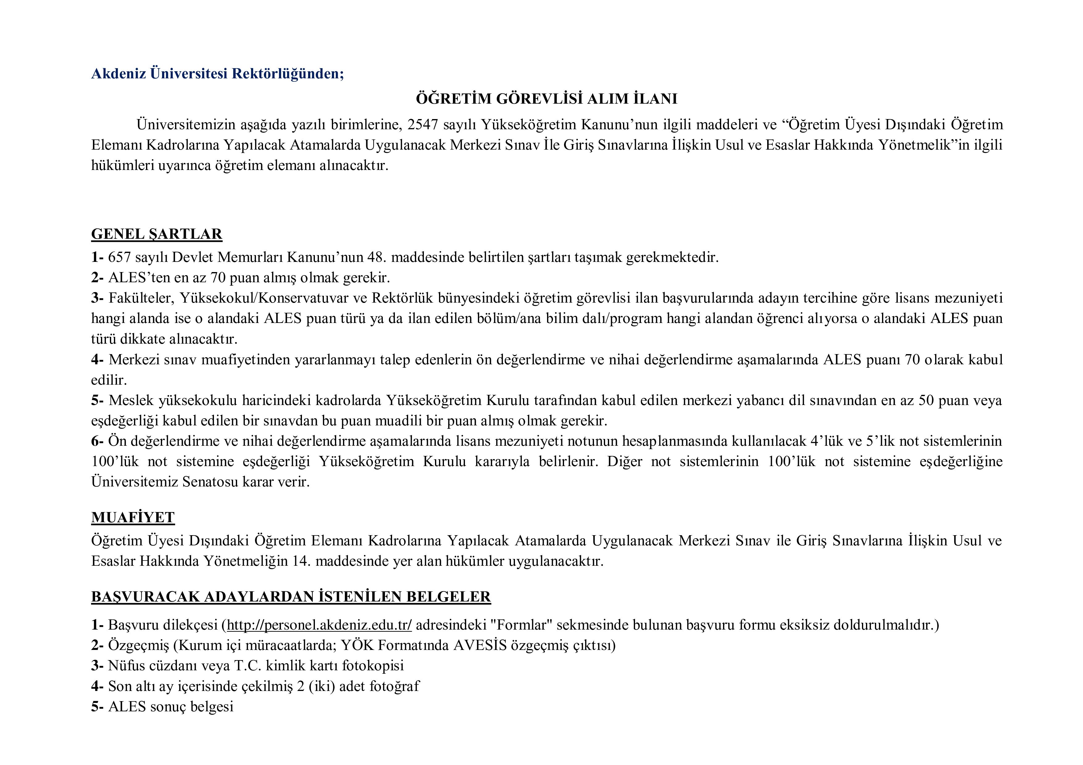 AKDENİZ ÜNİVERSİTESİ 6 ÖĞRETİM ELEMANI ALACAK ( 19 Kasım - 3 Aralık) İlan İçeriği Sayfa 3