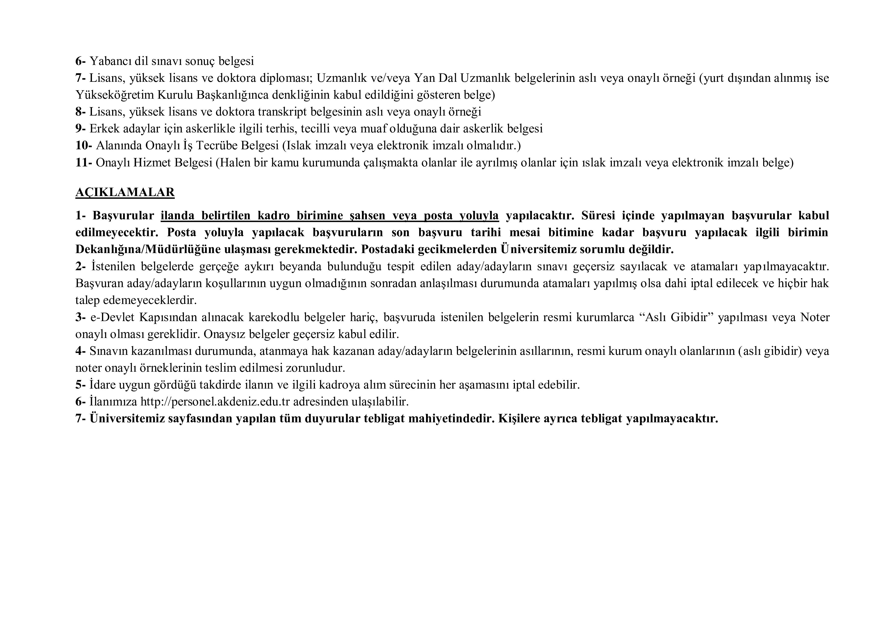 AKDENİZ ÜNİVERSİTESİ 6 ÖĞRETİM ELEMANI ALACAK ( 19 Kasım - 3 Aralık) İlan İçeriği Sayfa 4