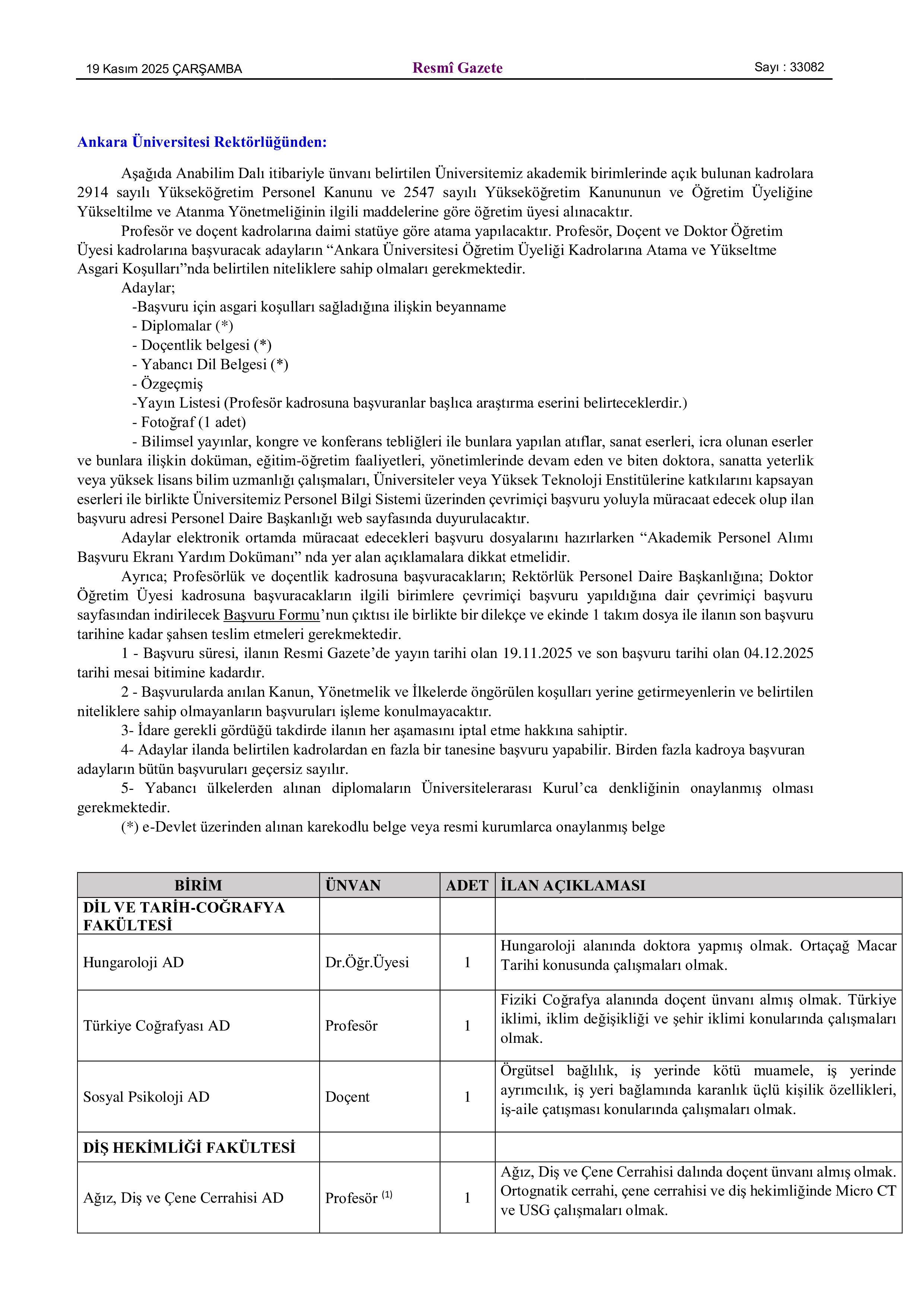 ANKARA ÜNİVERSİTESİ 61 ÖĞRETİM ÜYESİ ALACAK ( 19 Kasım - 4 Aralık) İlan İçeriği Sayfa 1