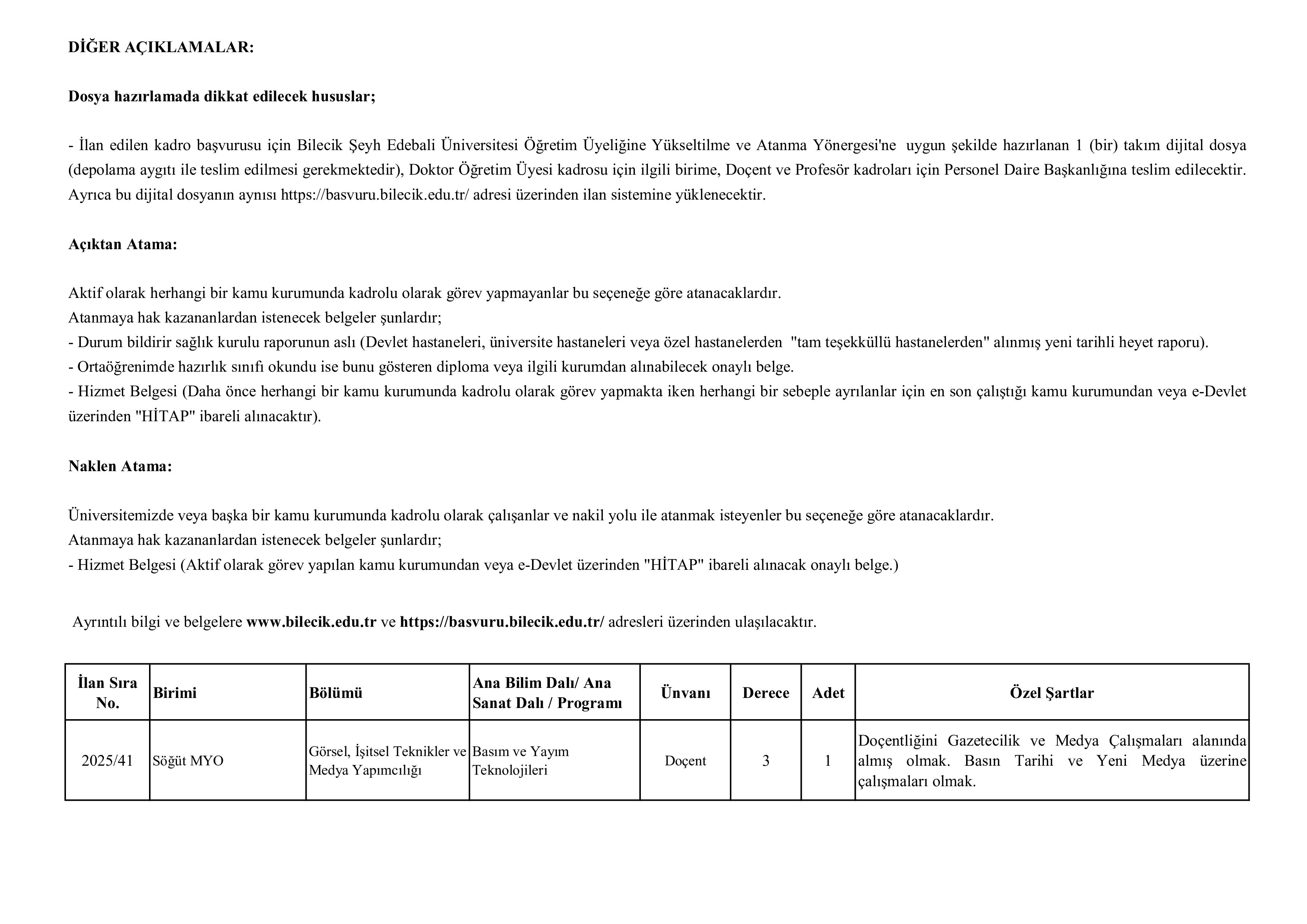 BİLECİK ŞEYH EDEBALİ ÜNİVERSİTESİ 13 ÖĞRETİM ÜYESİ ALACAK ( 19 Kasım - 3 Aralık) İlan İçeriği Sayfa 2