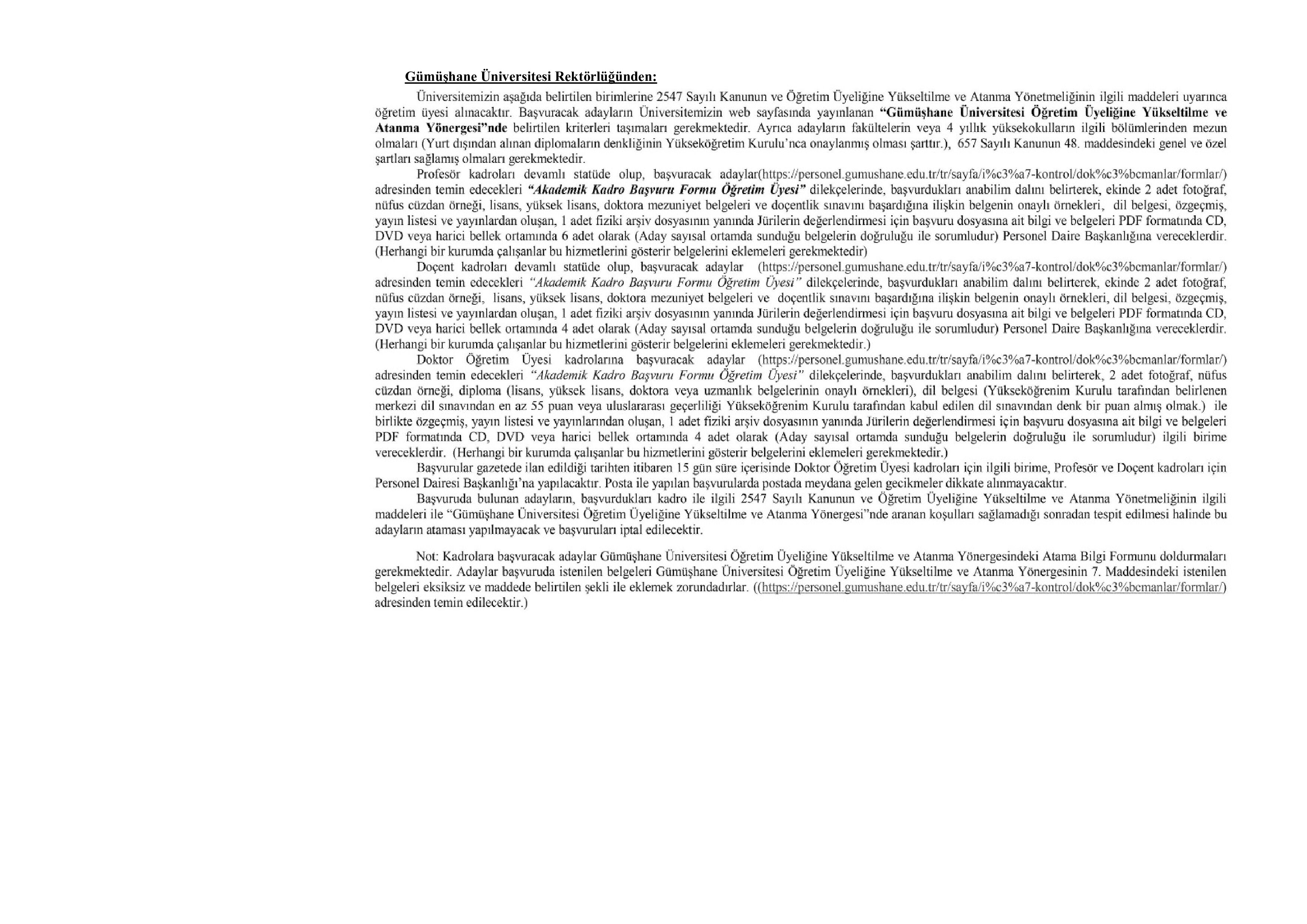 GÜMÜŞHANE ÜNİVERSİTESİ 26 ADET ÖĞRETİM ÜYESİ ALACAK ( 19 Kasım - 3 Aralık) İlan İçeriği Sayfa 1