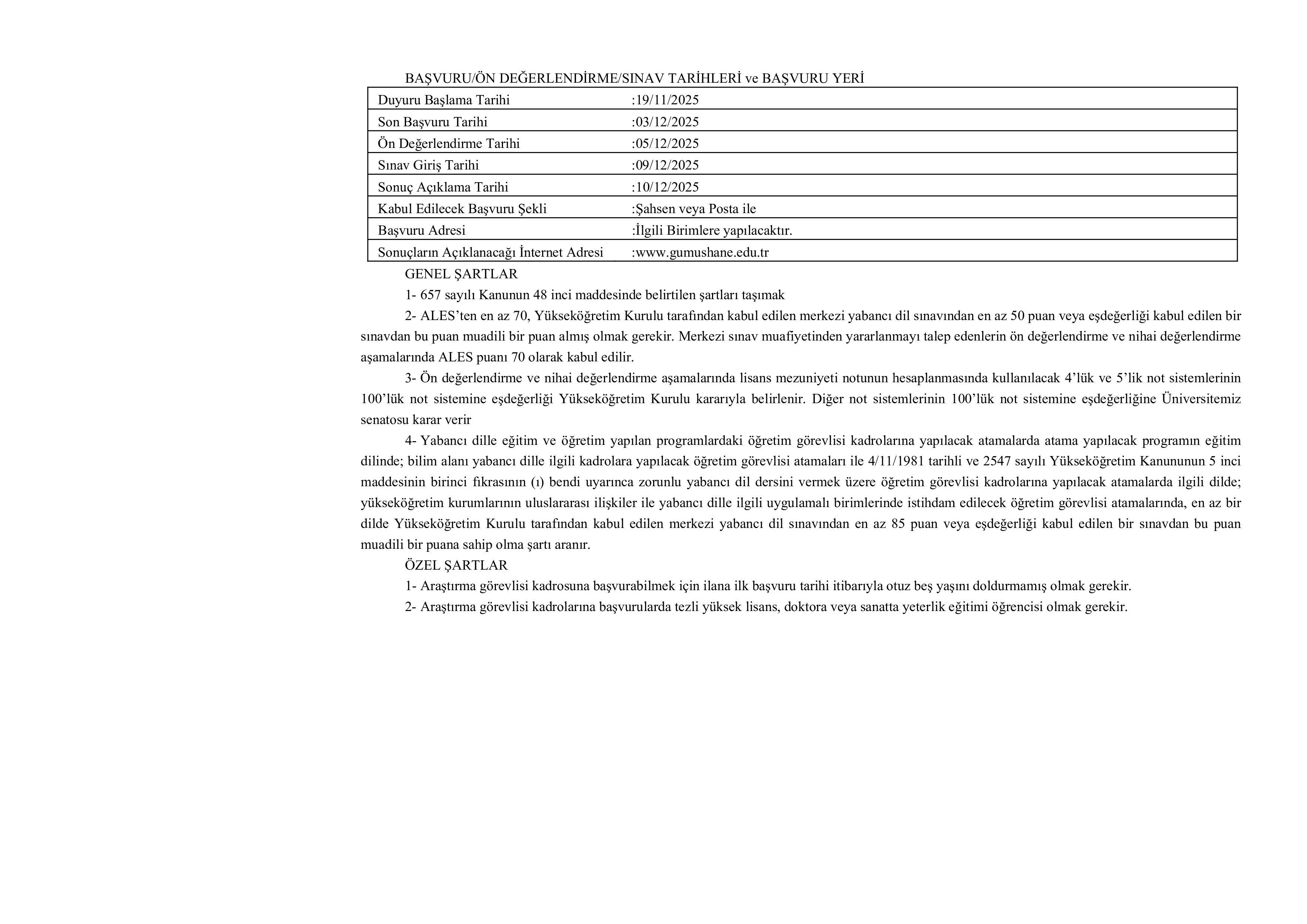 GÜMÜŞHANE ÜNİVERSİTESİ 26 ADET ÖĞRETİM ÜYESİ ALACAK ( 19 Kasım - 3 Aralık) İlan İçeriği Sayfa 5