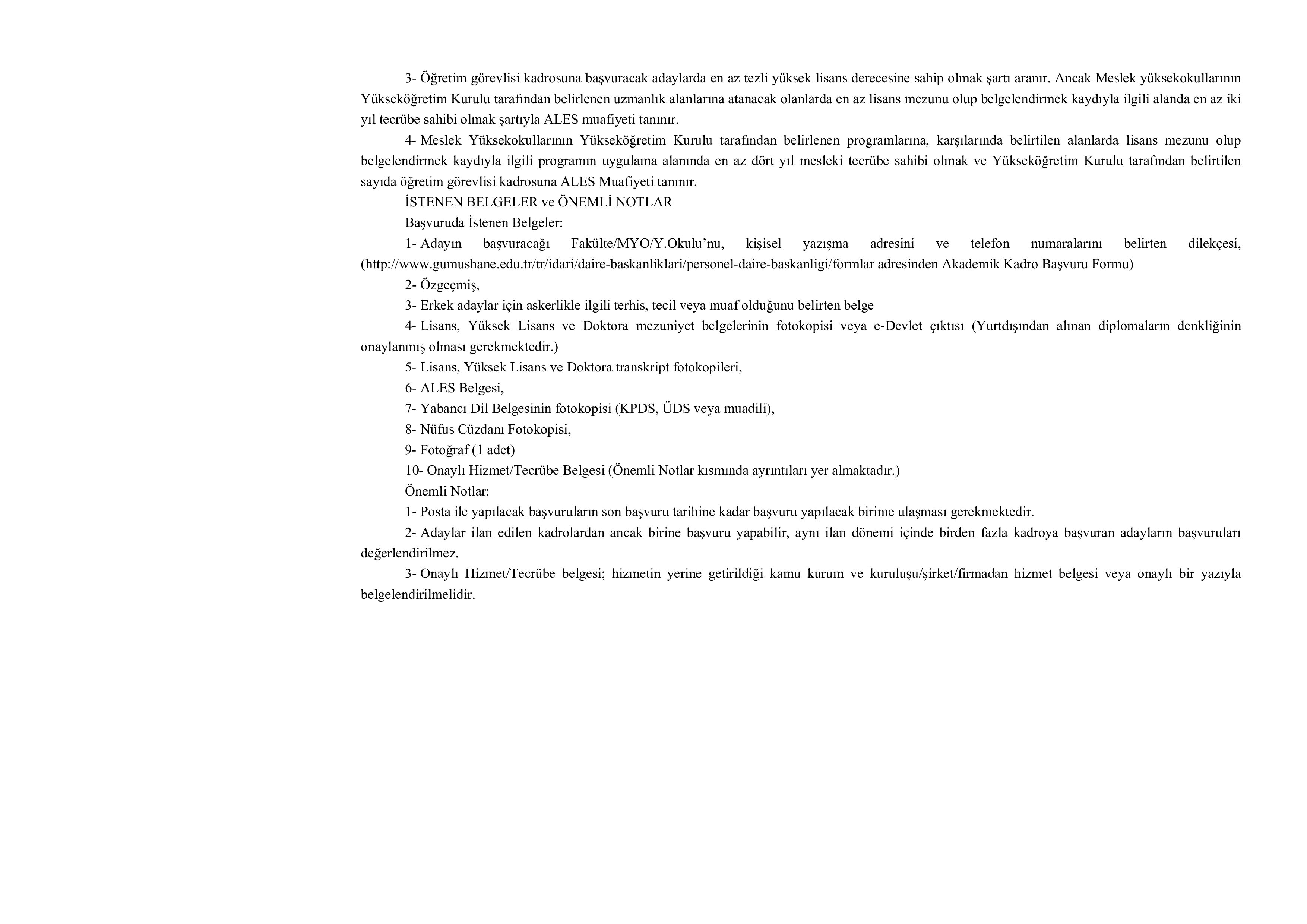 GÜMÜŞHANE ÜNİVERSİTESİ 26 ADET ÖĞRETİM ÜYESİ ALACAK ( 19 Kasım - 3 Aralık) İlan İçeriği Sayfa 6