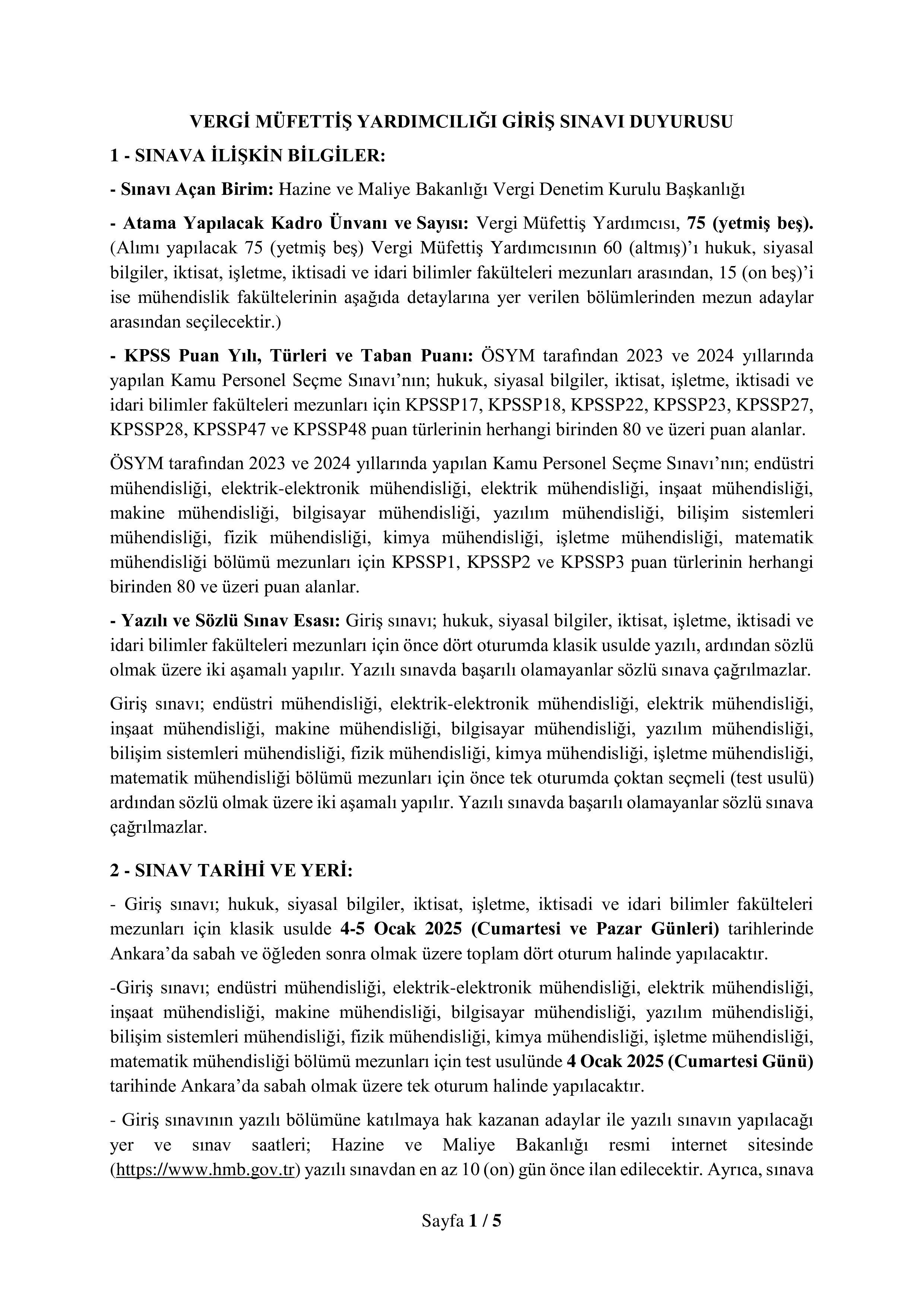HAZİNE VE MALİYE BAKANLIĞI 75 VERGİ MÜFETTİŞ YARDIMCISI ALACAK ( 9 Aralık - 17 Aralık) İlan İçeriği Sayfa 1