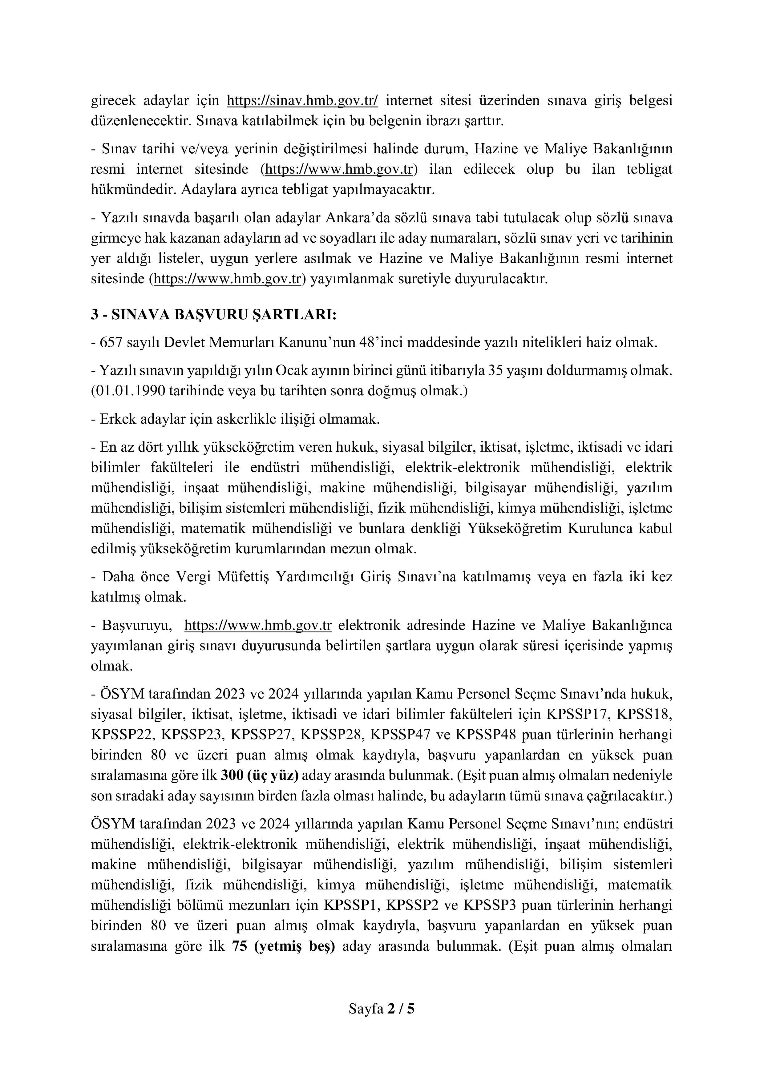 HAZİNE VE MALİYE BAKANLIĞI 75 VERGİ MÜFETTİŞ YARDIMCISI ALACAK ( 9 Aralık - 17 Aralık) İlan İçeriği Sayfa 2