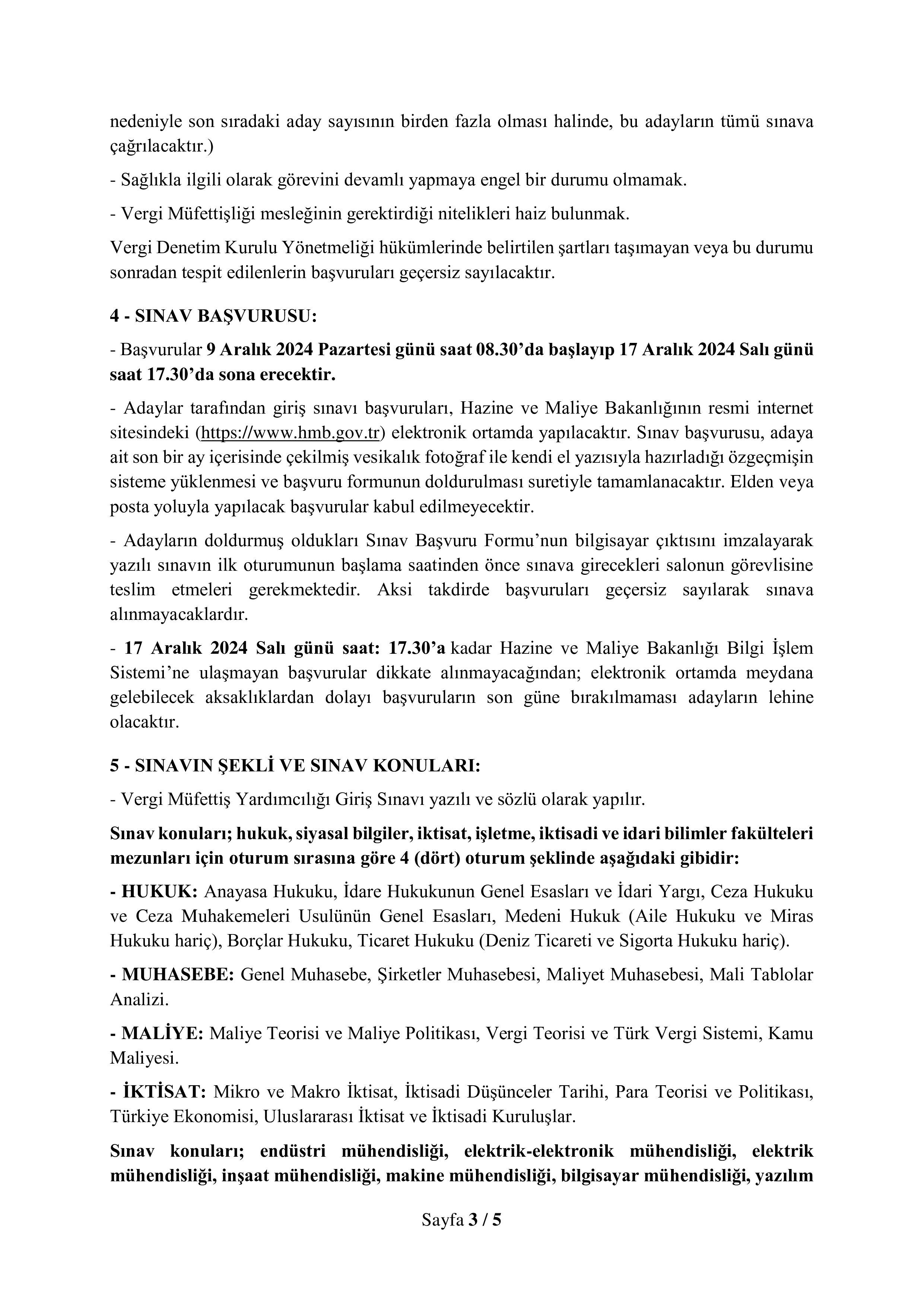 HAZİNE VE MALİYE BAKANLIĞI 75 VERGİ MÜFETTİŞ YARDIMCISI ALACAK ( 9 Aralık - 17 Aralık) İlan İçeriği Sayfa 3