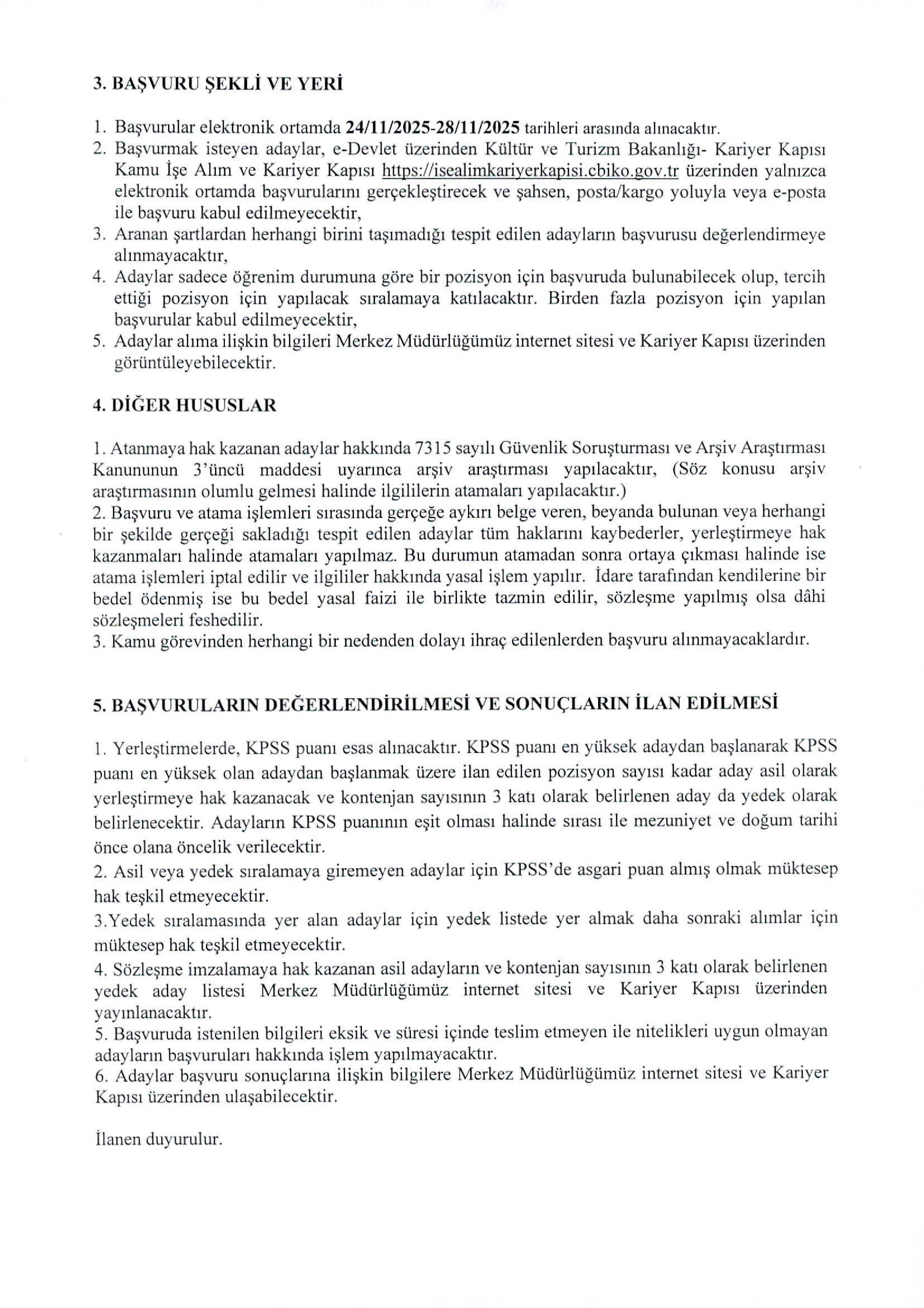 KÜLTÜR VE TURİZM BAKANLIĞI 6 SÖZLEŞMELİ PERSONEL ALACAK ( 24 Kasım - 28 Kasım) İlan İçeriği Sayfa 3