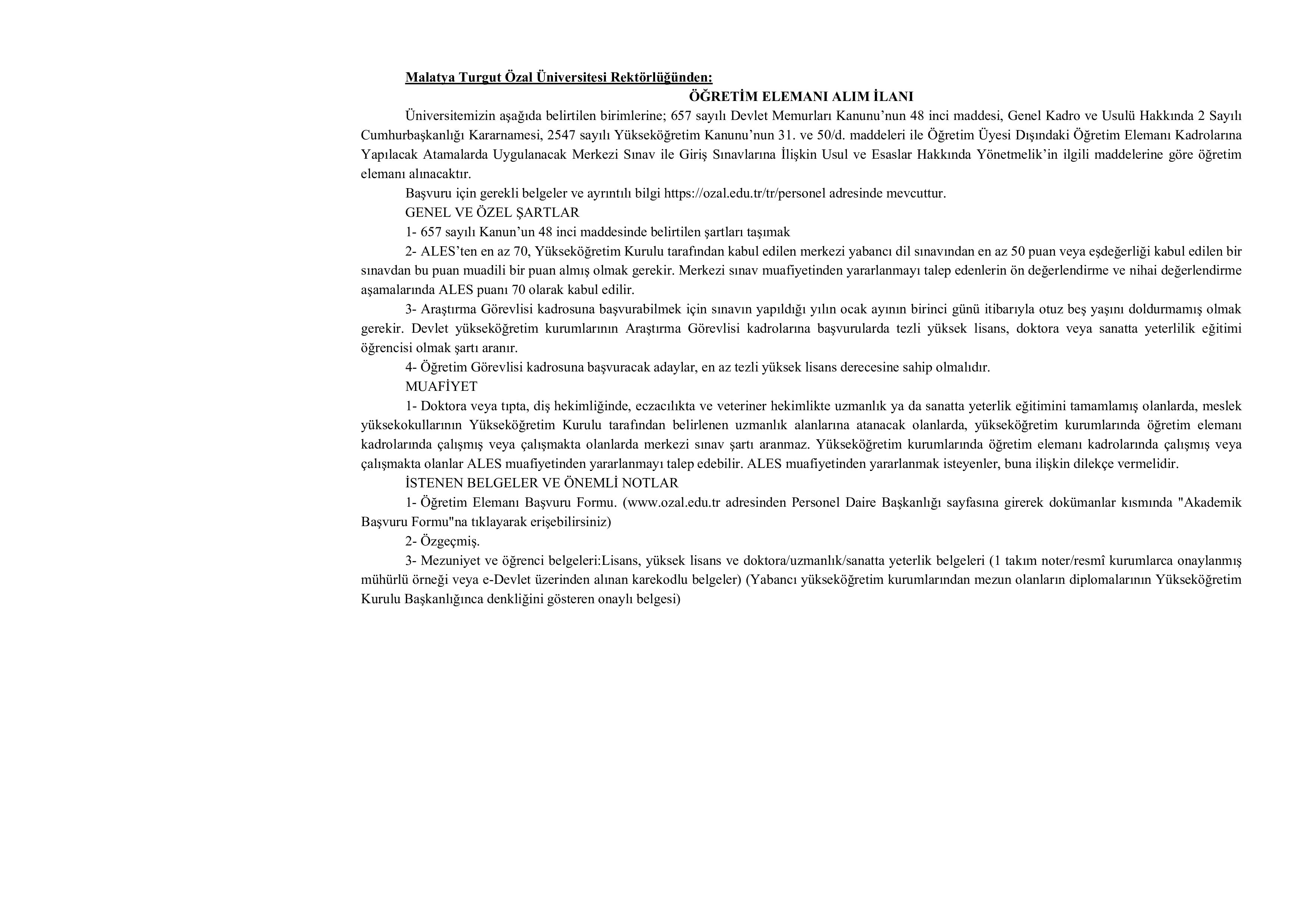 MALATYA TURGUT ÖZAL ÜNİVERSİTESİ 40 ÖĞRETİM ELEMANIALACAK ( 19 Kasım - 3 Aralık) İlan İçeriği Sayfa 1