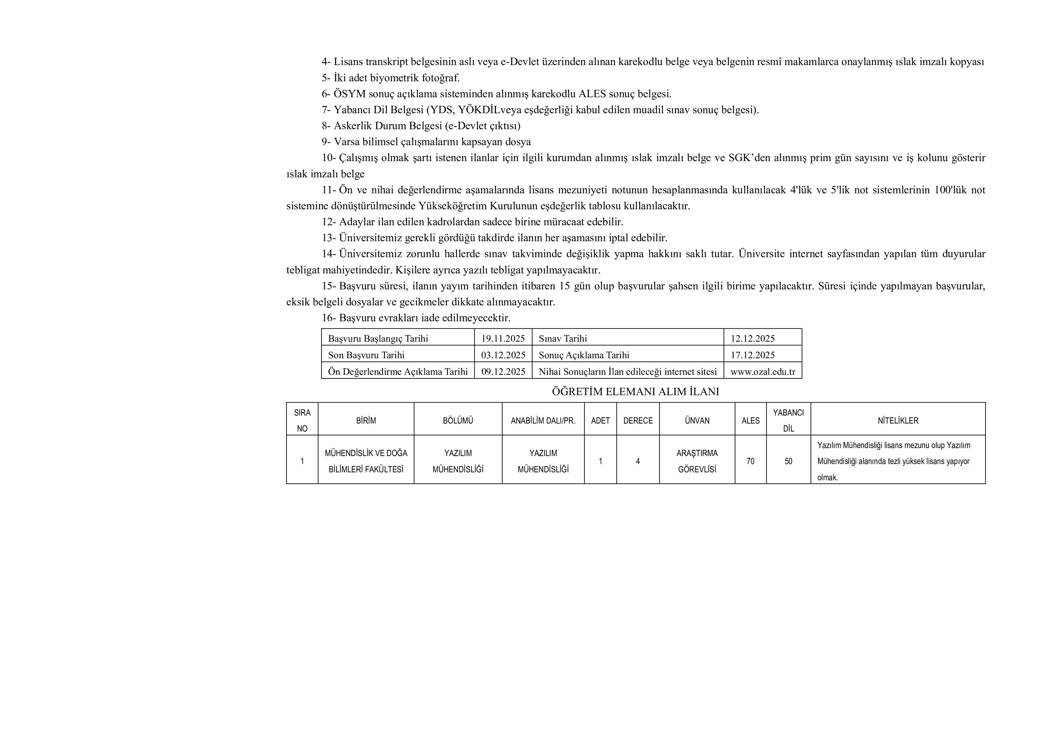 MALATYA TURGUT ÖZAL ÜNİVERSİTESİ 40 ÖĞRETİM ELEMANIALACAK ( 19 Kasım - 3 Aralık) İlan İçeriği Sayfa 2