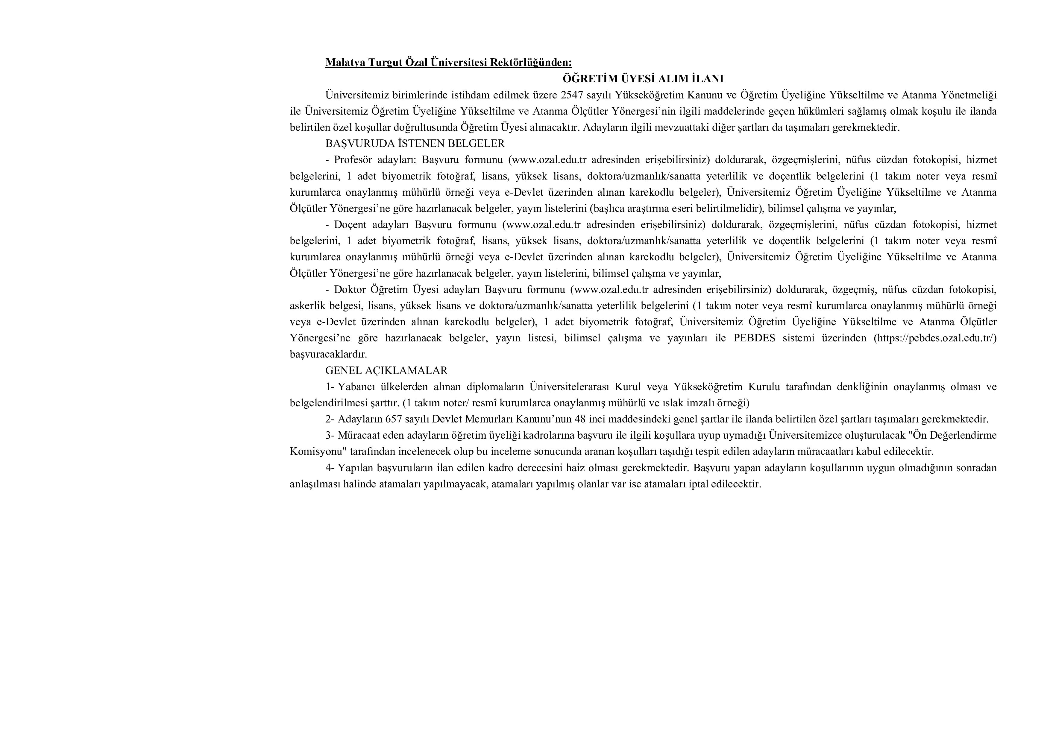 MALATYA TURGUT ÖZAL ÜNİVERSİTESİ 40 ÖĞRETİM ELEMANIALACAK ( 19 Kasım - 3 Aralık) İlan İçeriği Sayfa 7